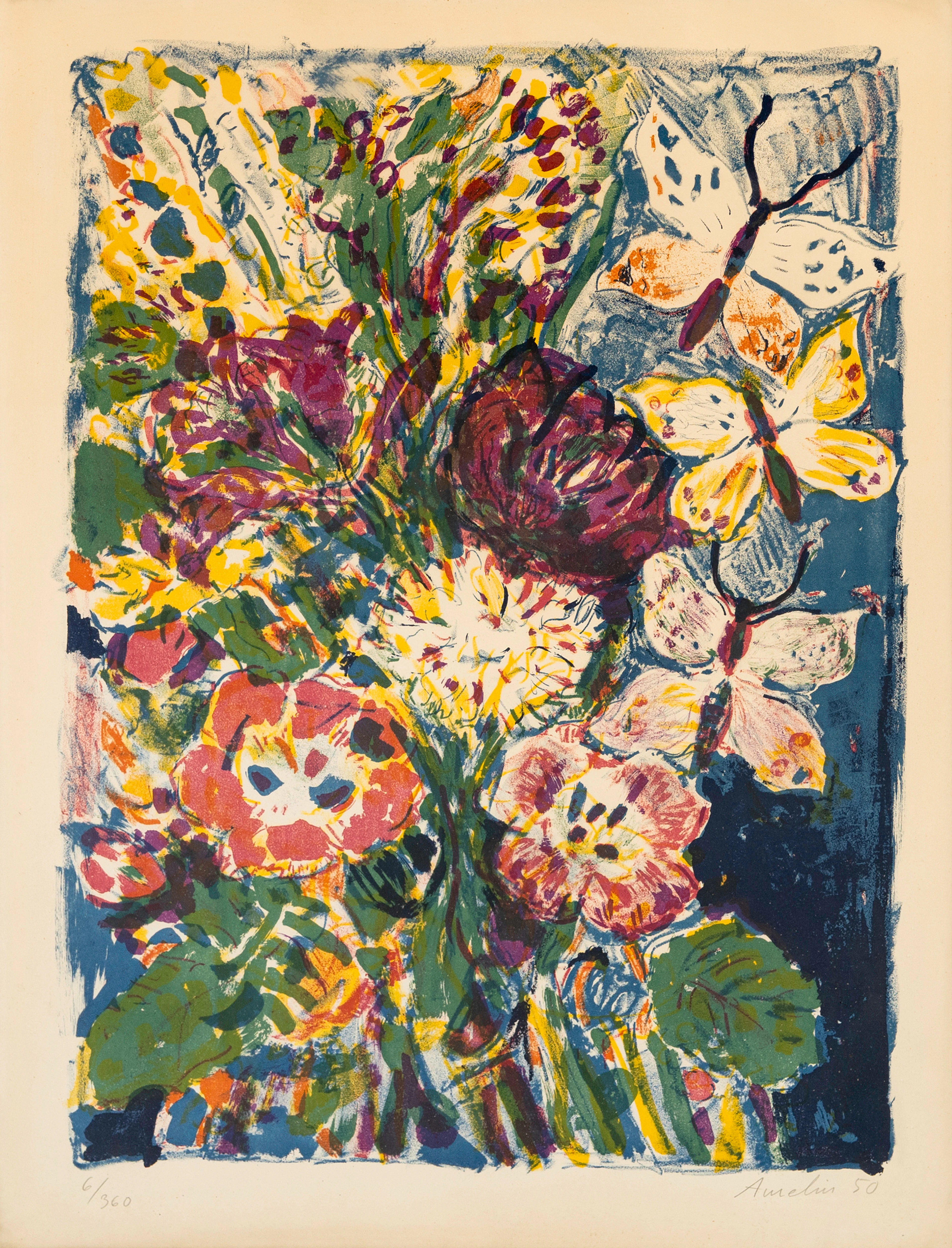 ALBIN AMELIN. Blomsterstilleben, färglitografi, signerad, numrerad