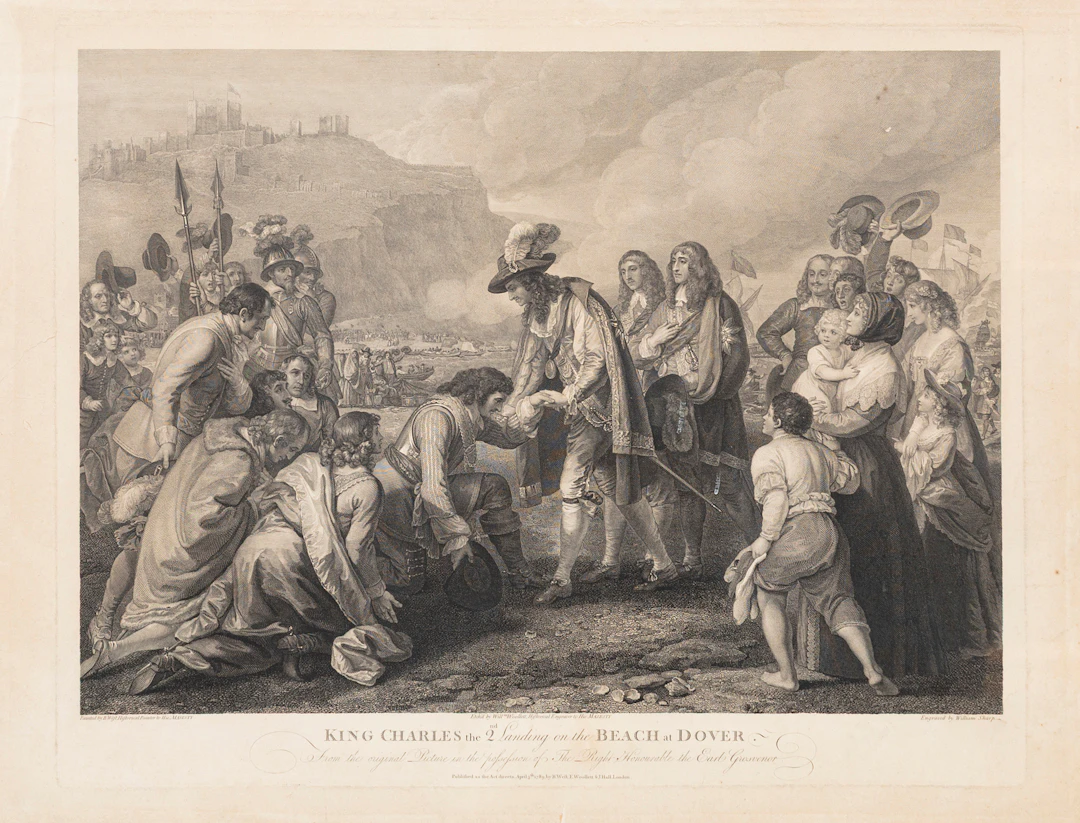 "King Charles the 2 nd landing on the Beach at Dover, kopparstick