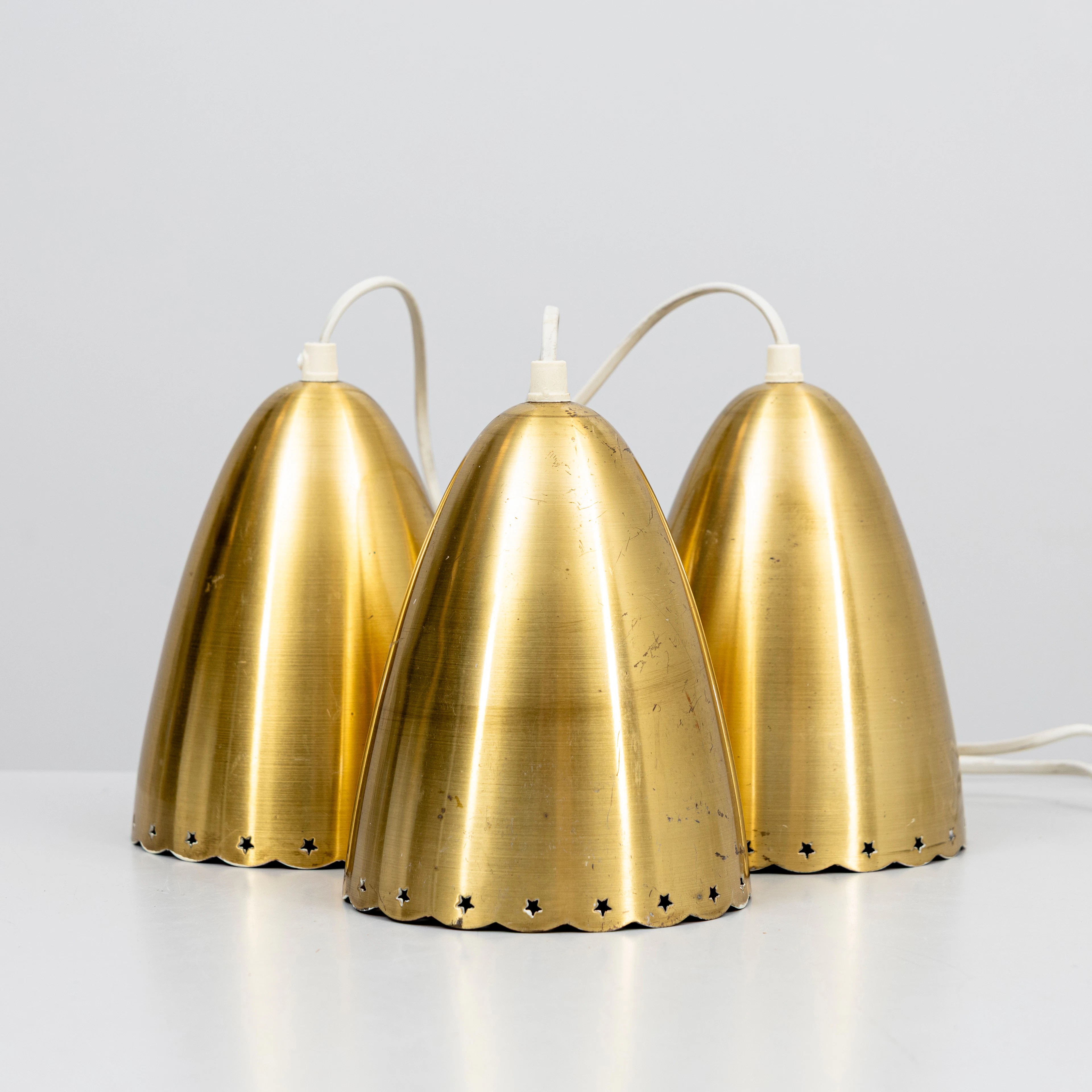 TAKLAMPOR, 3 st, perforerad mässing, Swedish Modern, 1900-talets mitt.