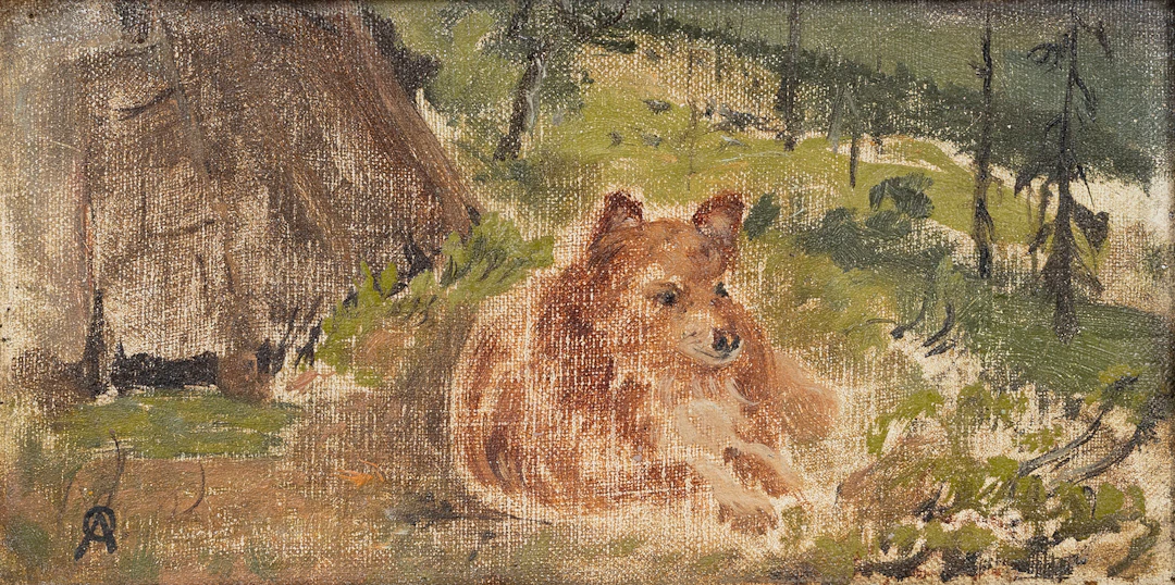 OLOF ARBORELIUS. Hund vid lappkåta, olja på pannå, monogramsignerad, OÅ.
