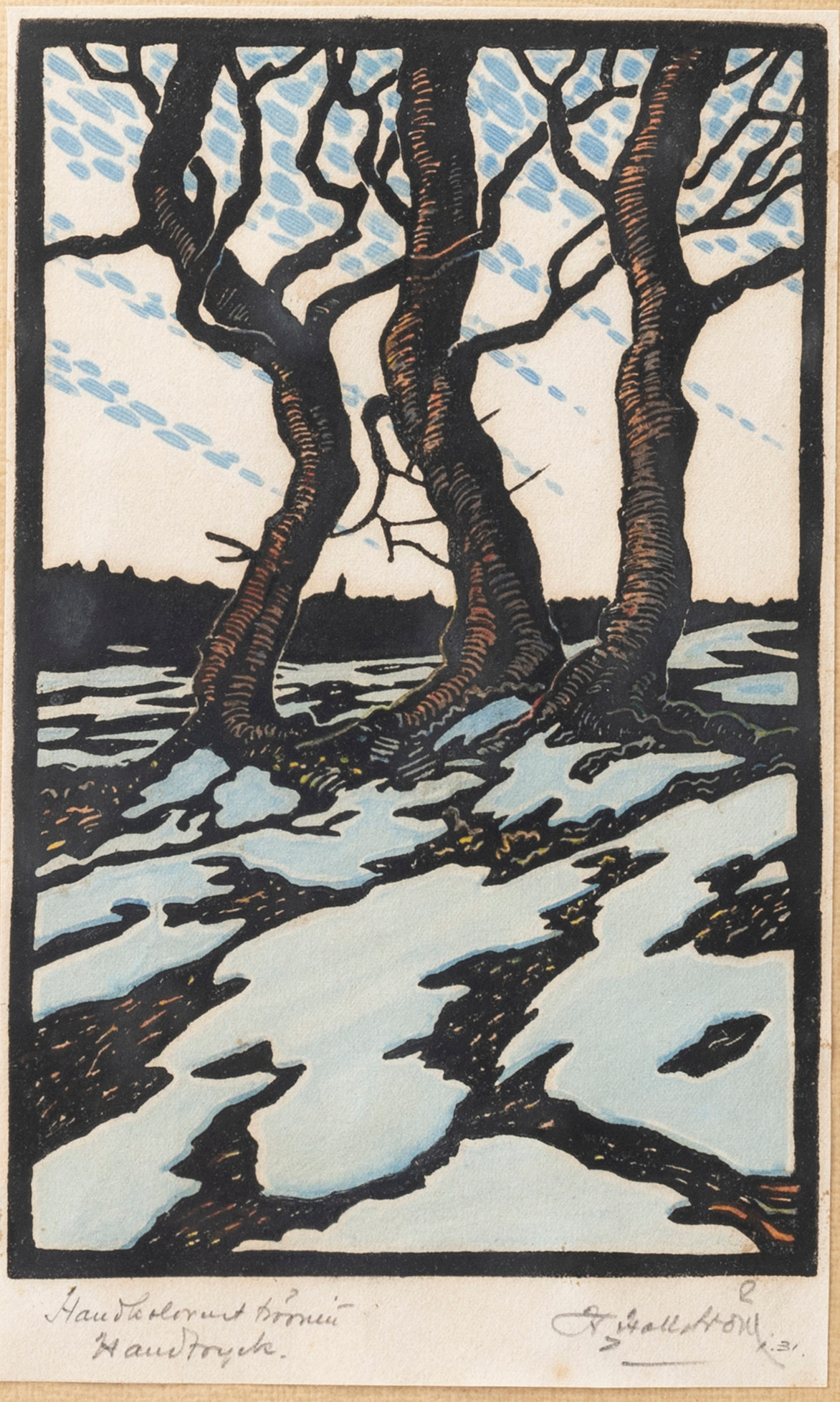 CARL HALLSTRÖM (1850-1929). Träd i vinterlandskap, handkolorerat träsnitt