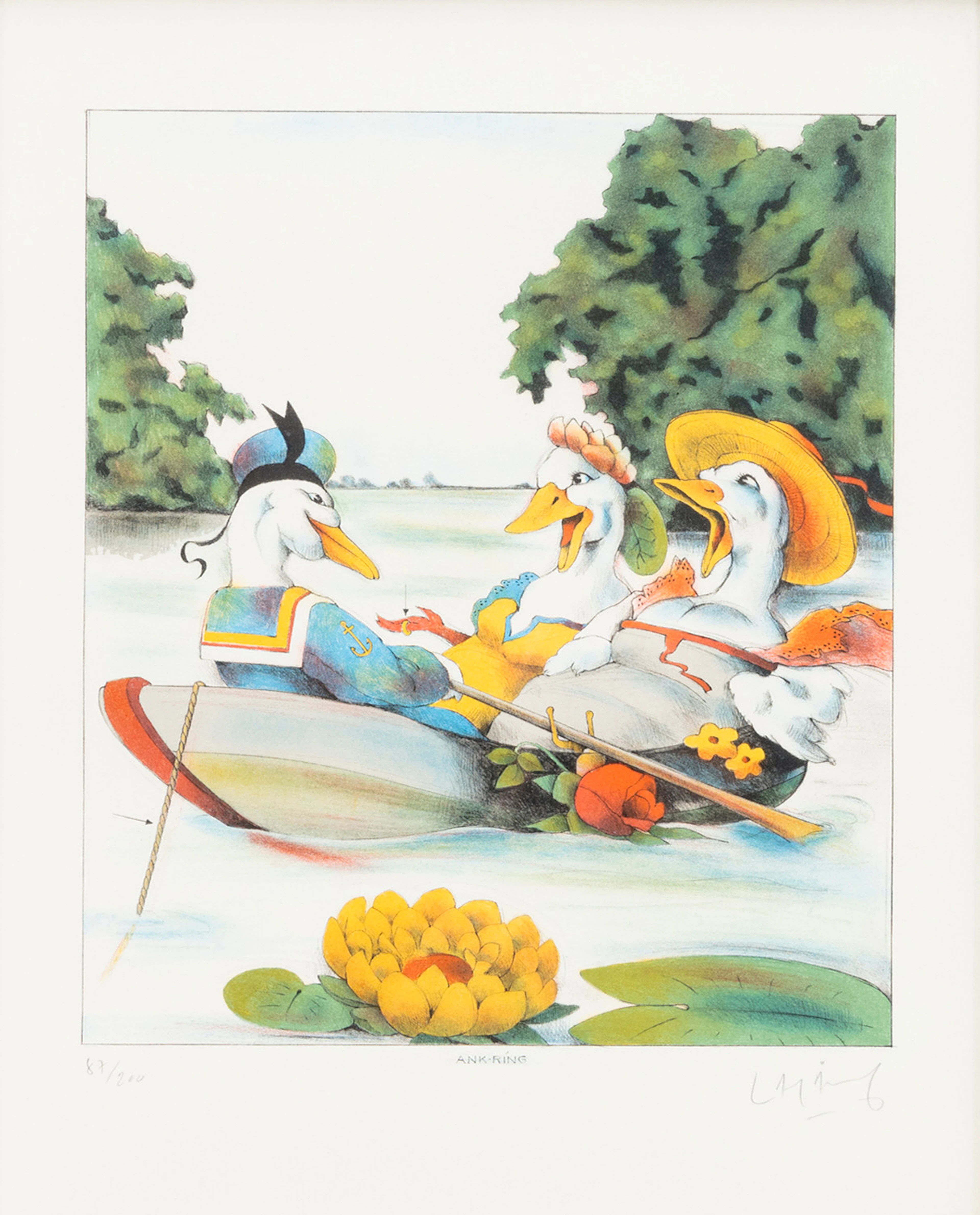 LASSE ÅBERG. "Ank-ring", färglitografi, signerad, numrerad 87/200.