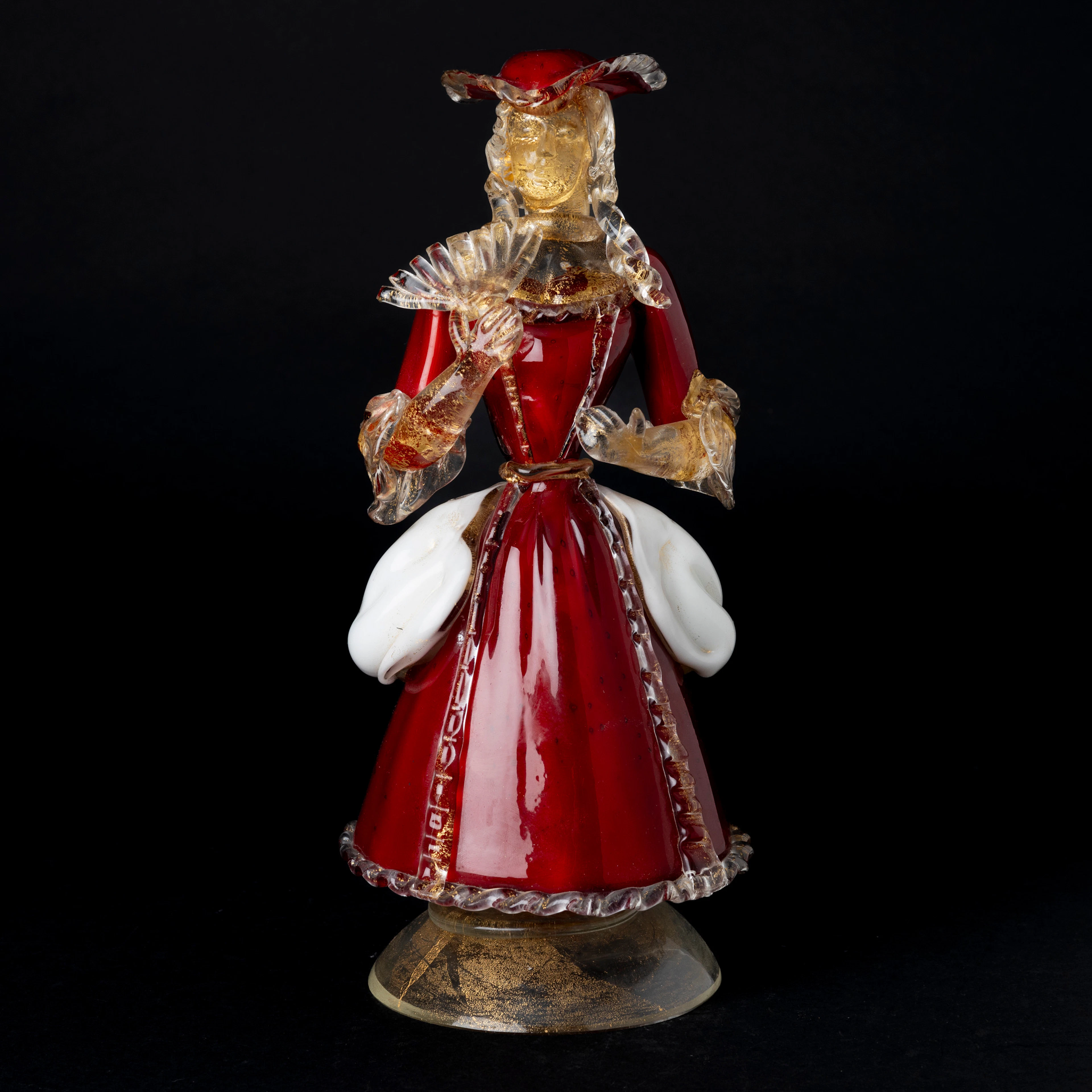 FIGURIN, kvinna i rokoko-klädsel, glas, Murano, Italien.