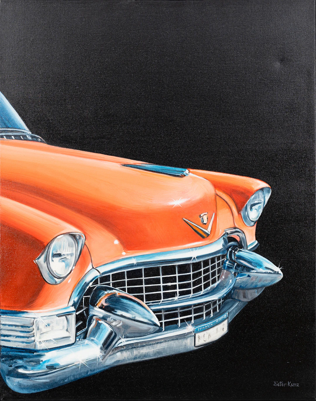 DIETER KUNZ (FÖDD 1942). Röd Cadillac, olja på duk, signerad.