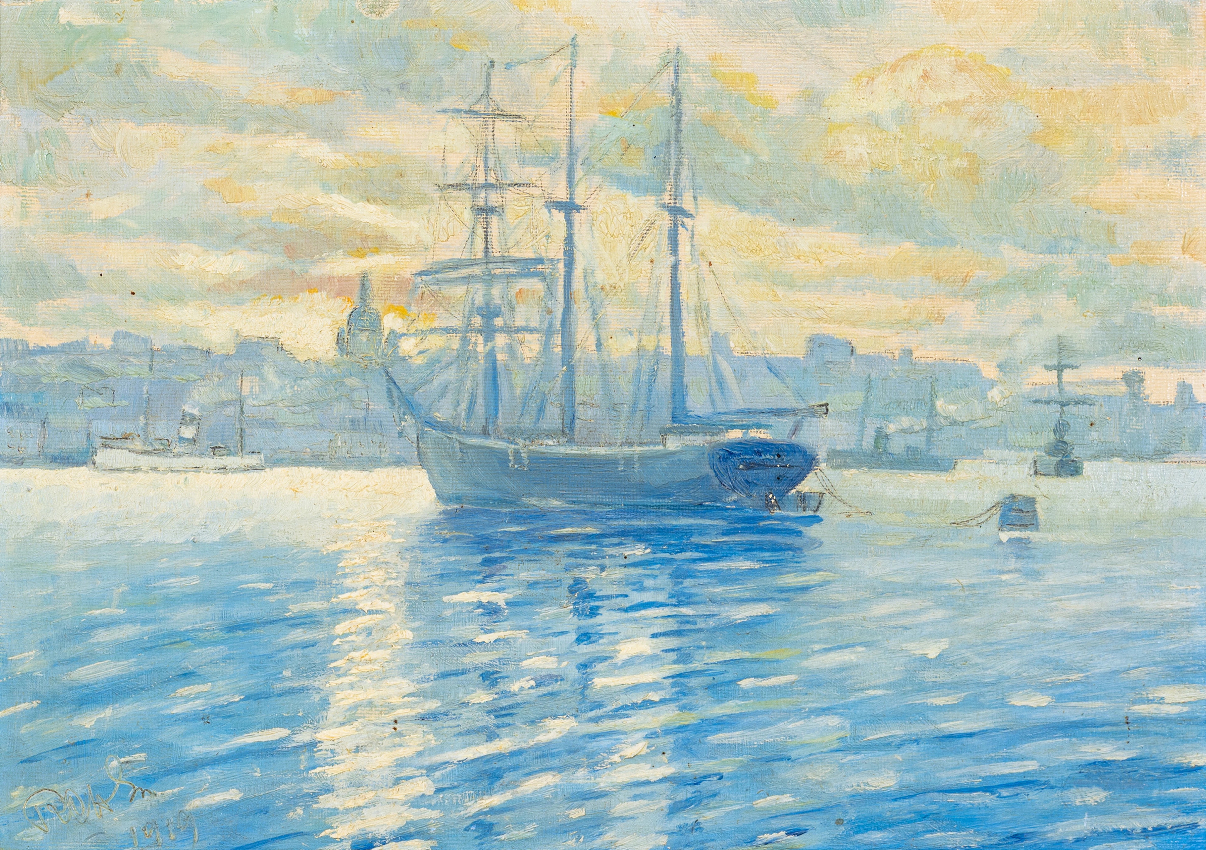 OIDENTIFIERAD KONSTNÄR. Fartyg i Stockholms hamn, olja på pannå, bär