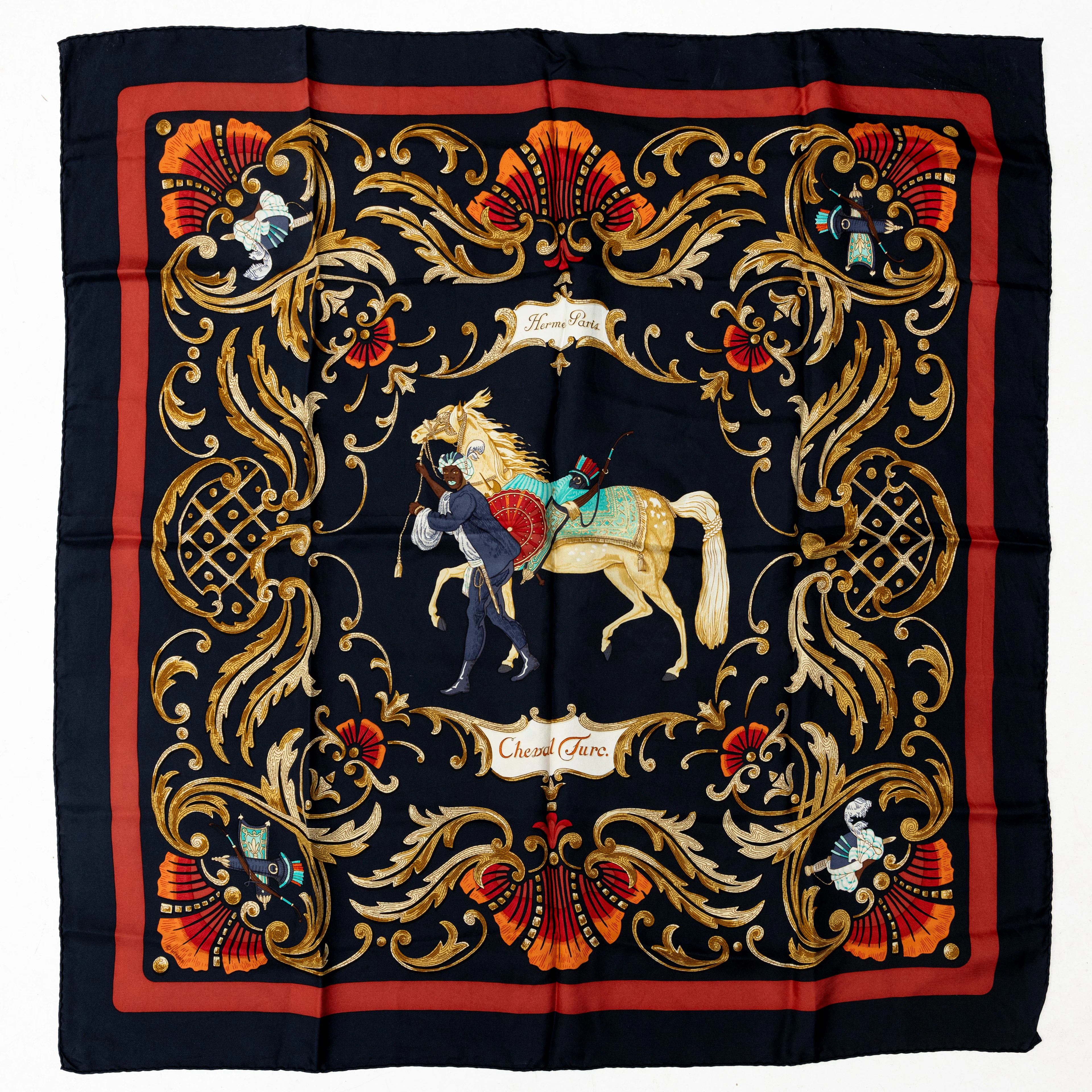 HERMÈS. Sjal, siden, "Cheval Turc", designad av Christiane Vauzelles