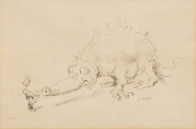 ROBERT HÖGFELDT. "Frukost", blyertsteckning, signerad.
