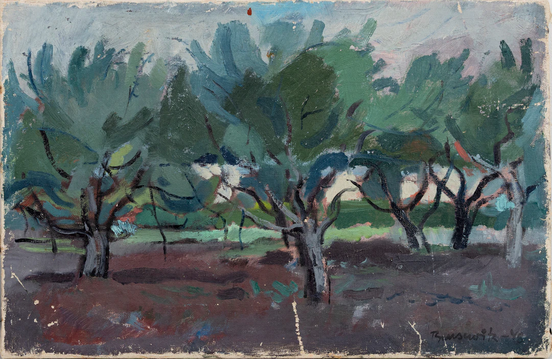 GUNNAR BRUSEWITZ. "Brunnby (äppelträden bakom stora huset)", olja