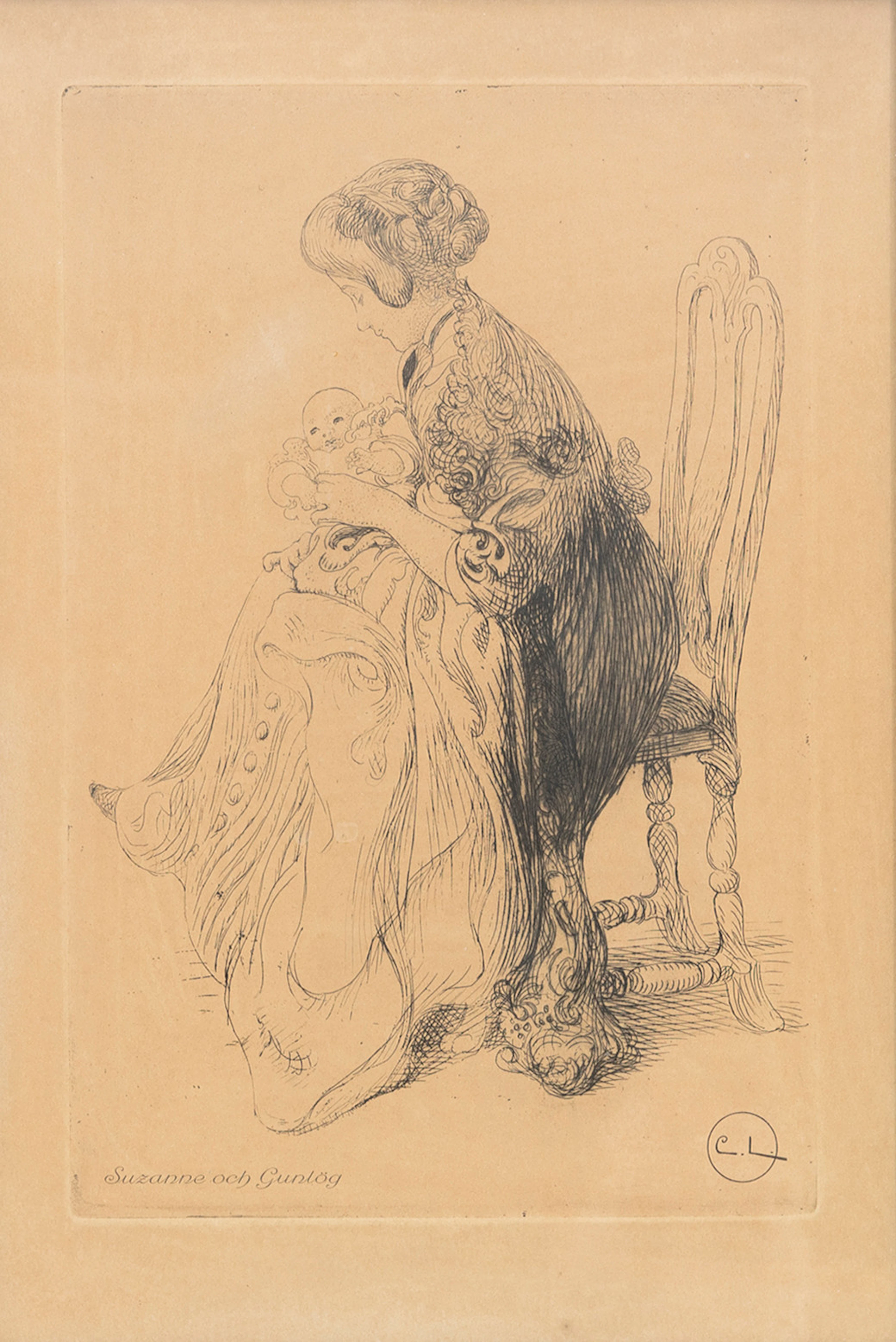 CARL LARSSON. EFTER. "Suzanne och Gunlög" , etsning, signerad i plåten.