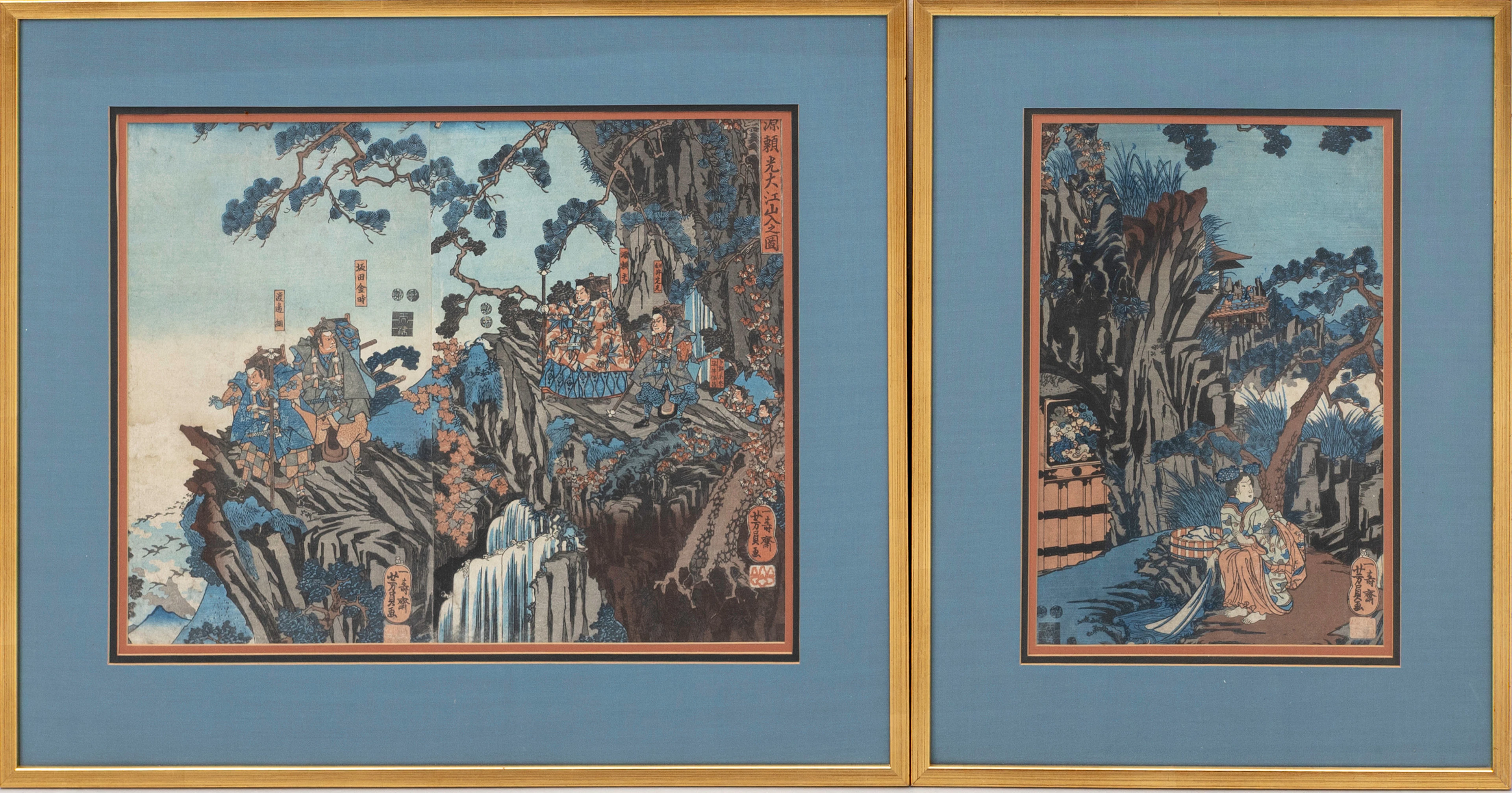UTAGAWA YOSHIKAZU. "Minamoto no Yorimitsu entering Mount Oe" triptyk