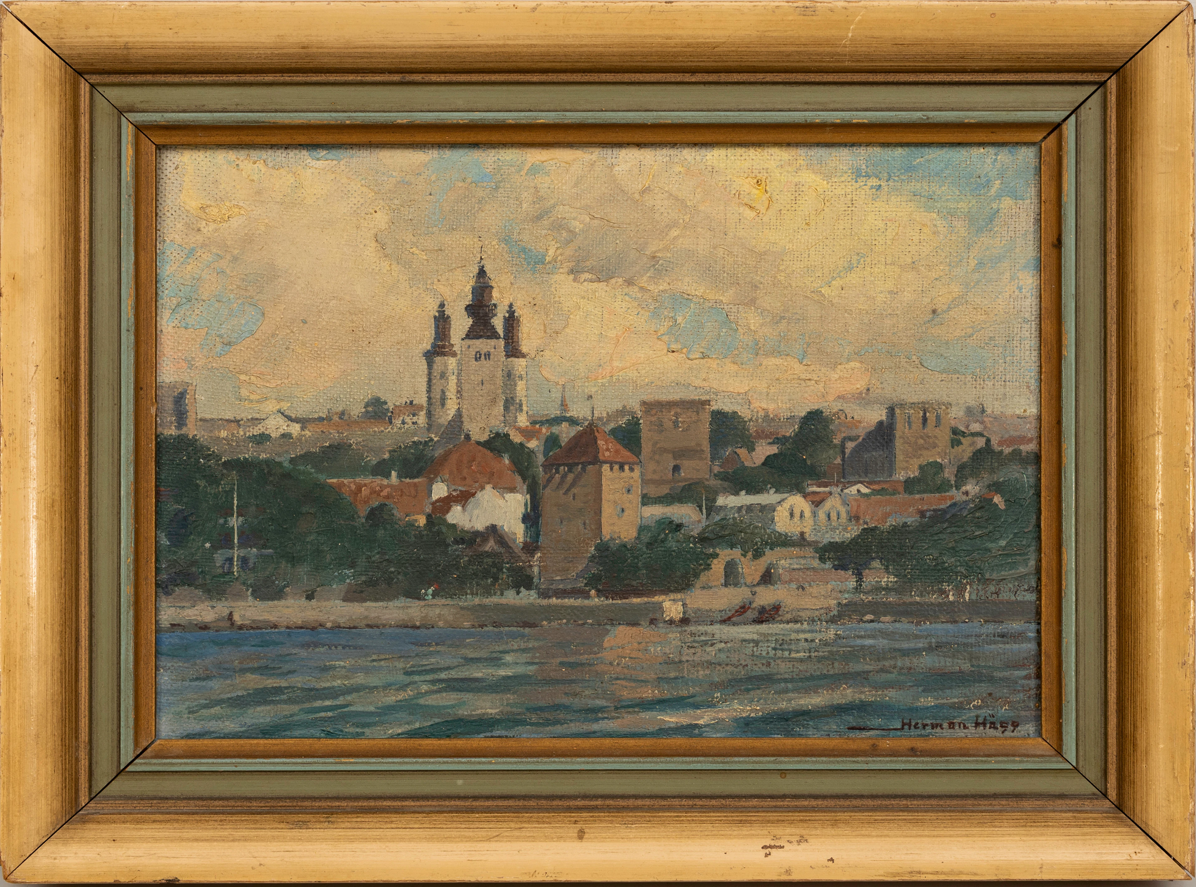HERMAN HÄGG (1884-1966). Stadsbild, Visby, olja på pannå, signerad.