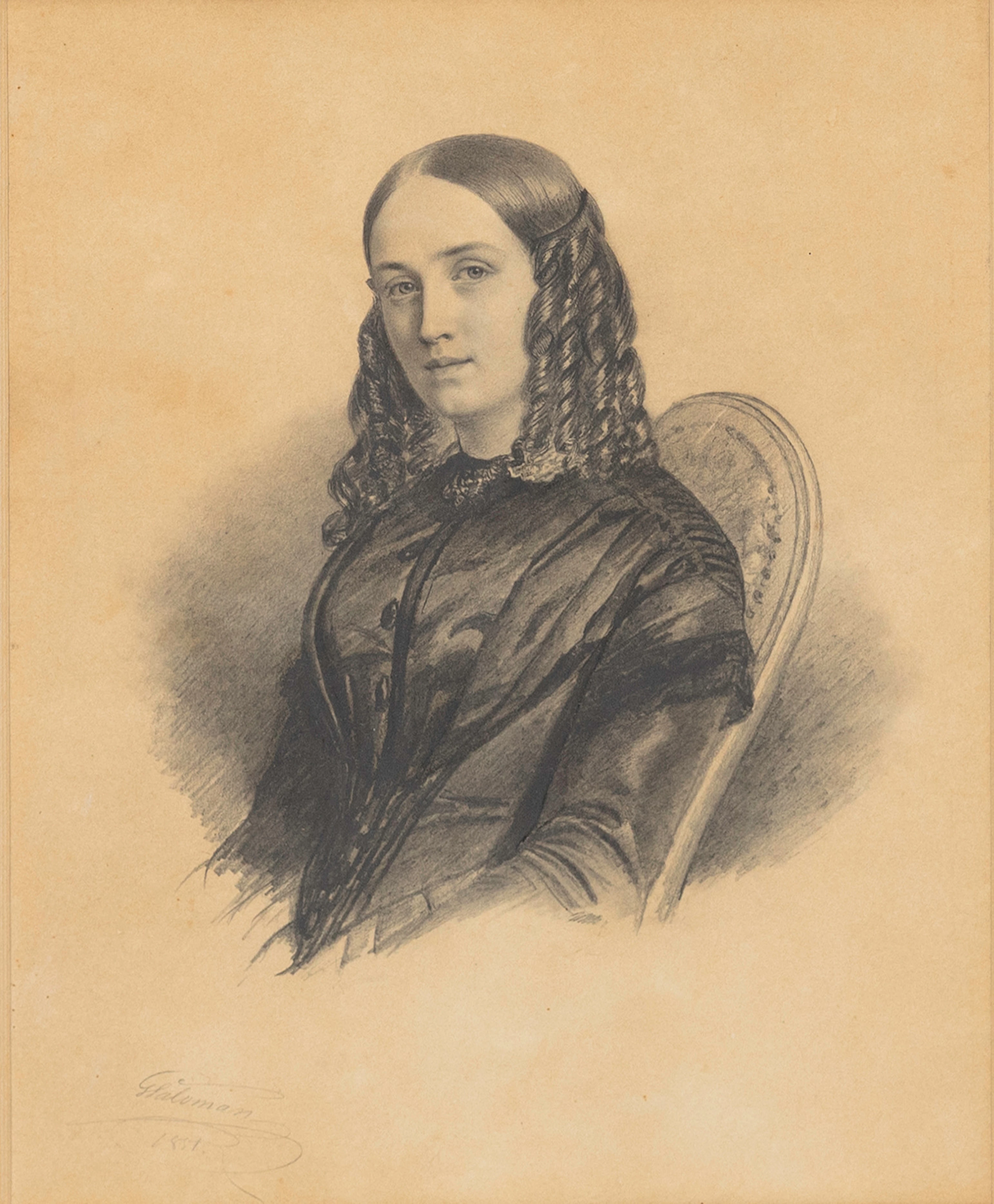 GESKEL SALOMAN (1821-1902). Kvinnoporträtt, blandteknik på papper