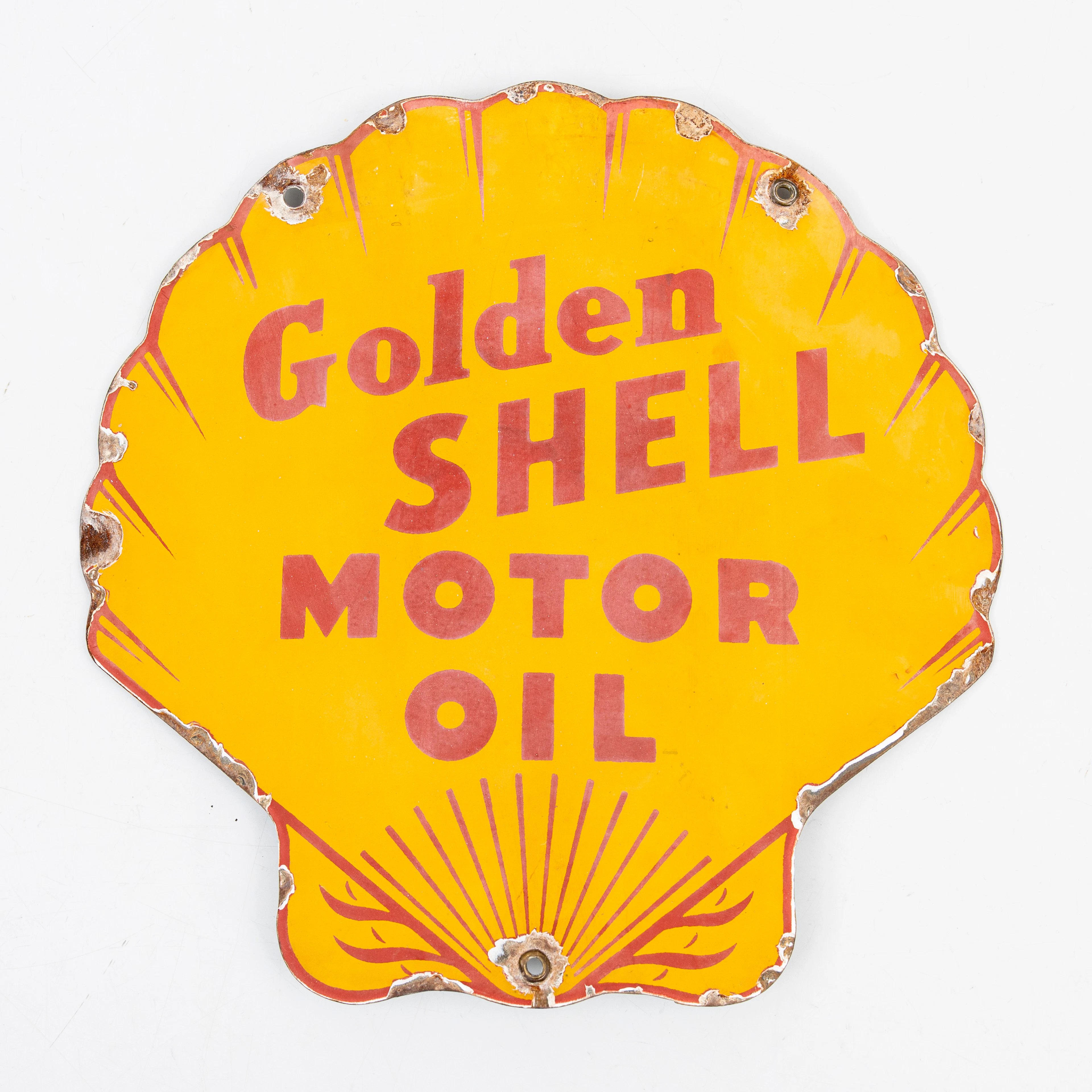 REKLAMSKYLT, emaljerad plåt, Godlen Shell Motor Oil, 1900-talets mitt.