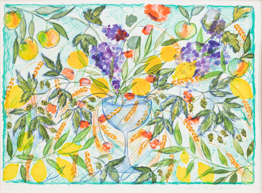 LENA LINDERHOLM. Blommor och glas, färglitografi, signerad och numrerad