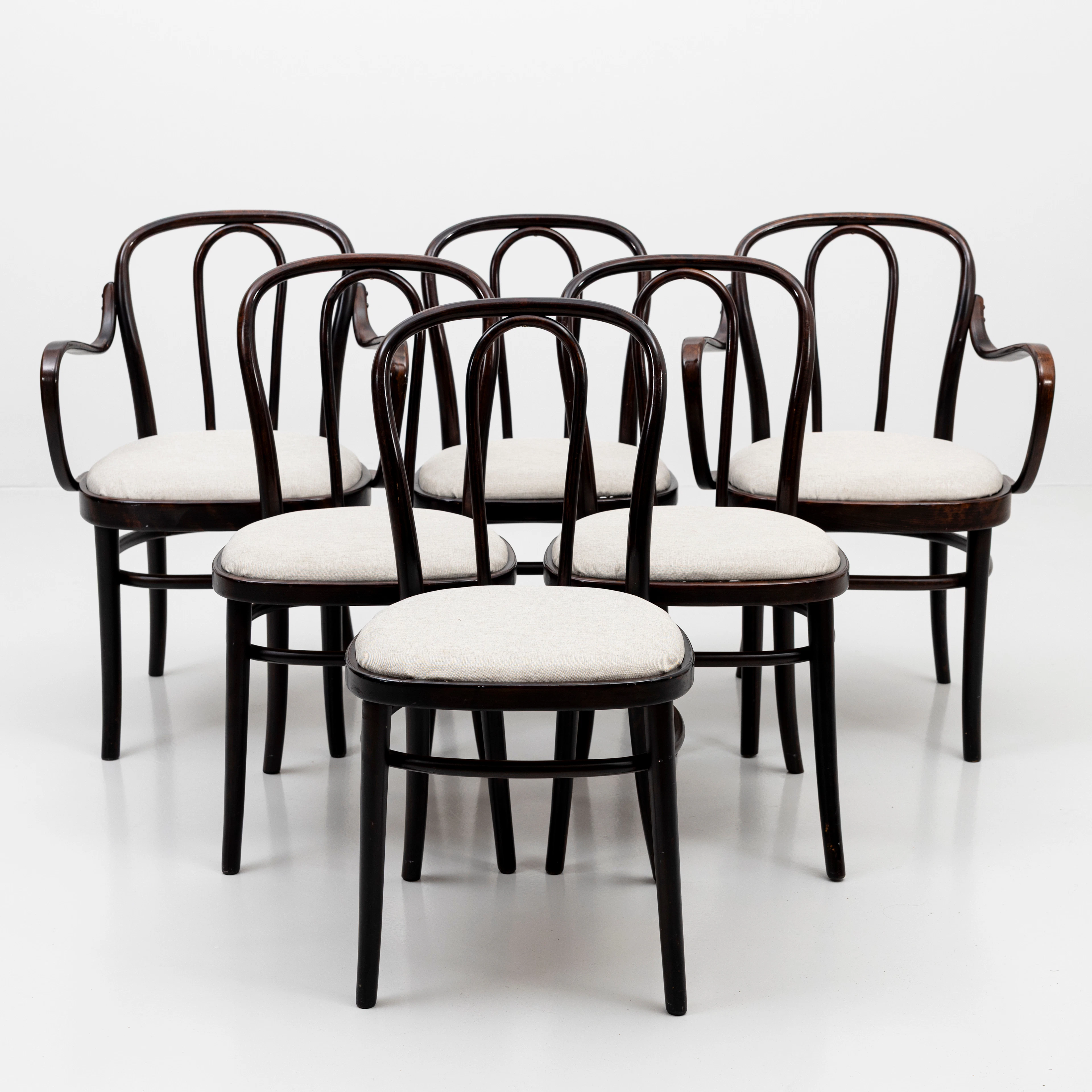 STOLAR, 4 + 2 st, Gemla, Diö, Thonet-modell, mörkbonat böjträ, 1900-talets