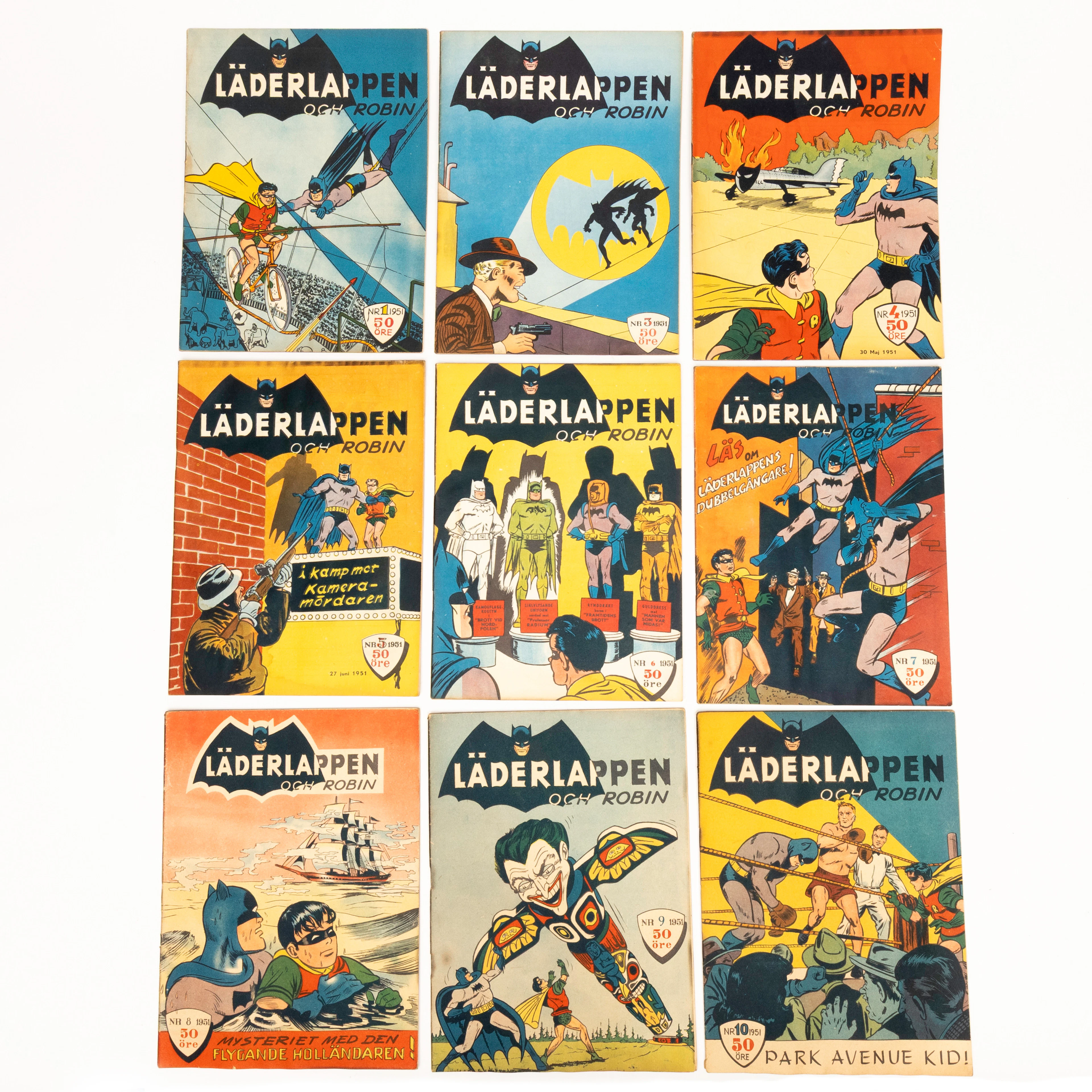 SERIETIDNINGAR, 9 st Läderlappen och Robin, nästan komplett årgång 1951.