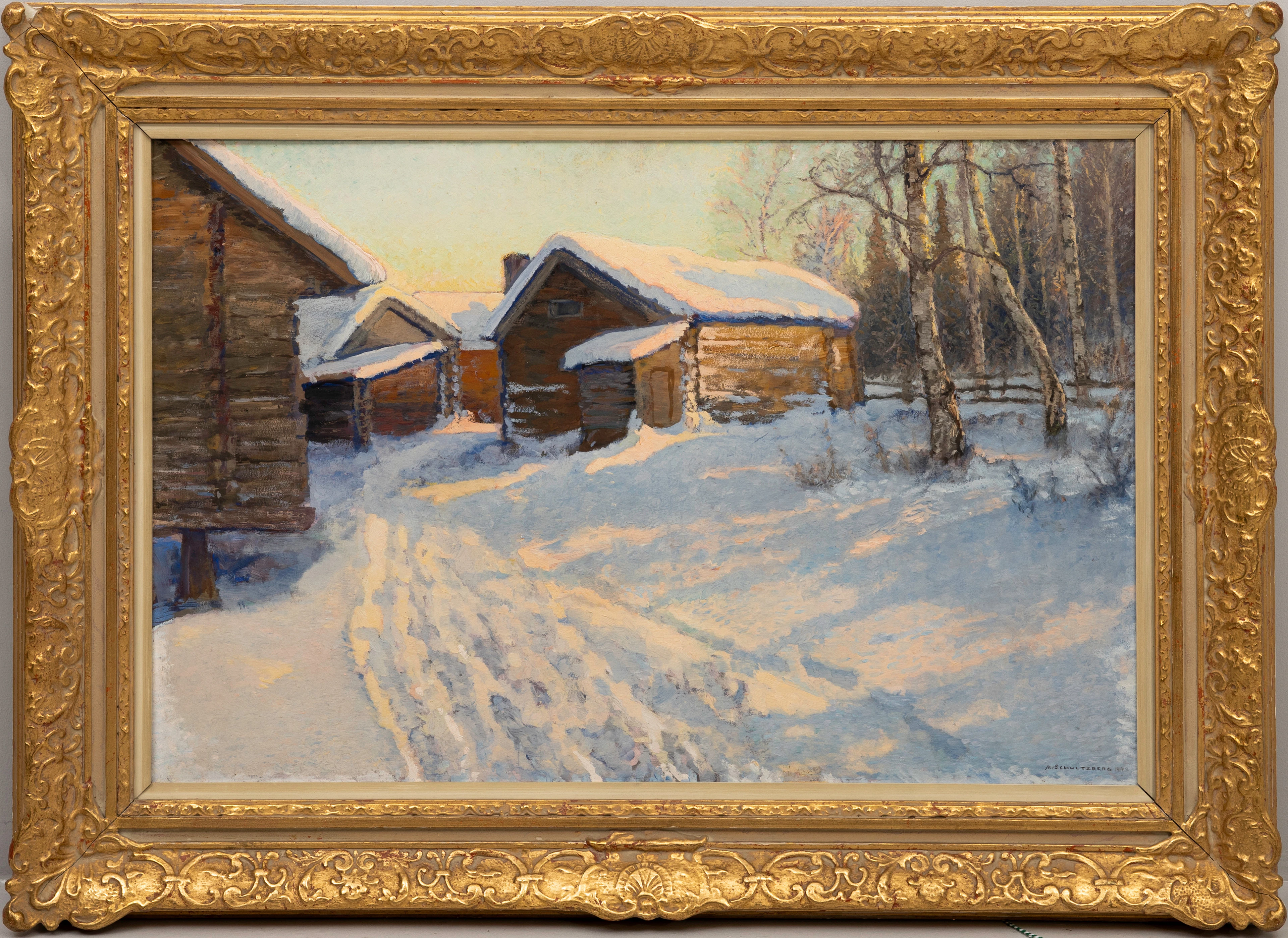 ANSHELM SCHULTZBERG. "Vinterdag med insnöad fäbod", Mortrakten Dalarna