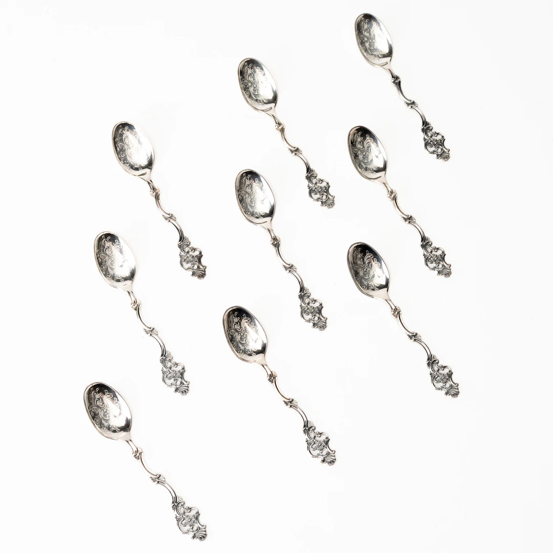 KAFFESKEDAR, 9 st, silver, Thorvald Marthinsen Sölvvarefabrikk, Norge.