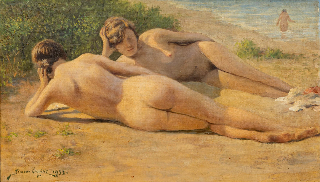 SIMEON ÖQUIST. Kvinnor vid strand, olja på duk, signerad, daterad 1953.