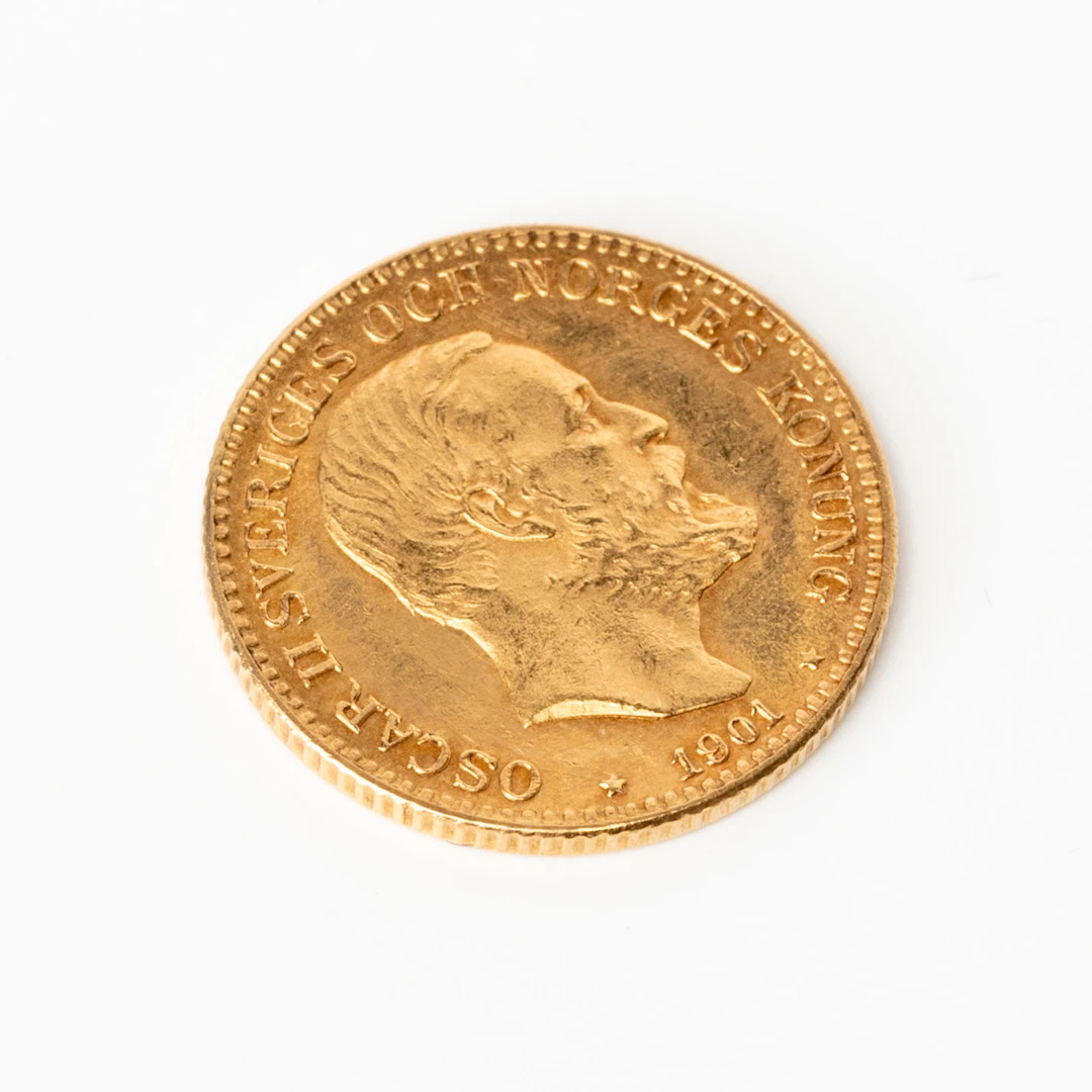 GULDMYNT, Oscar II, 10 kronor 21,6 k guld, 1901.