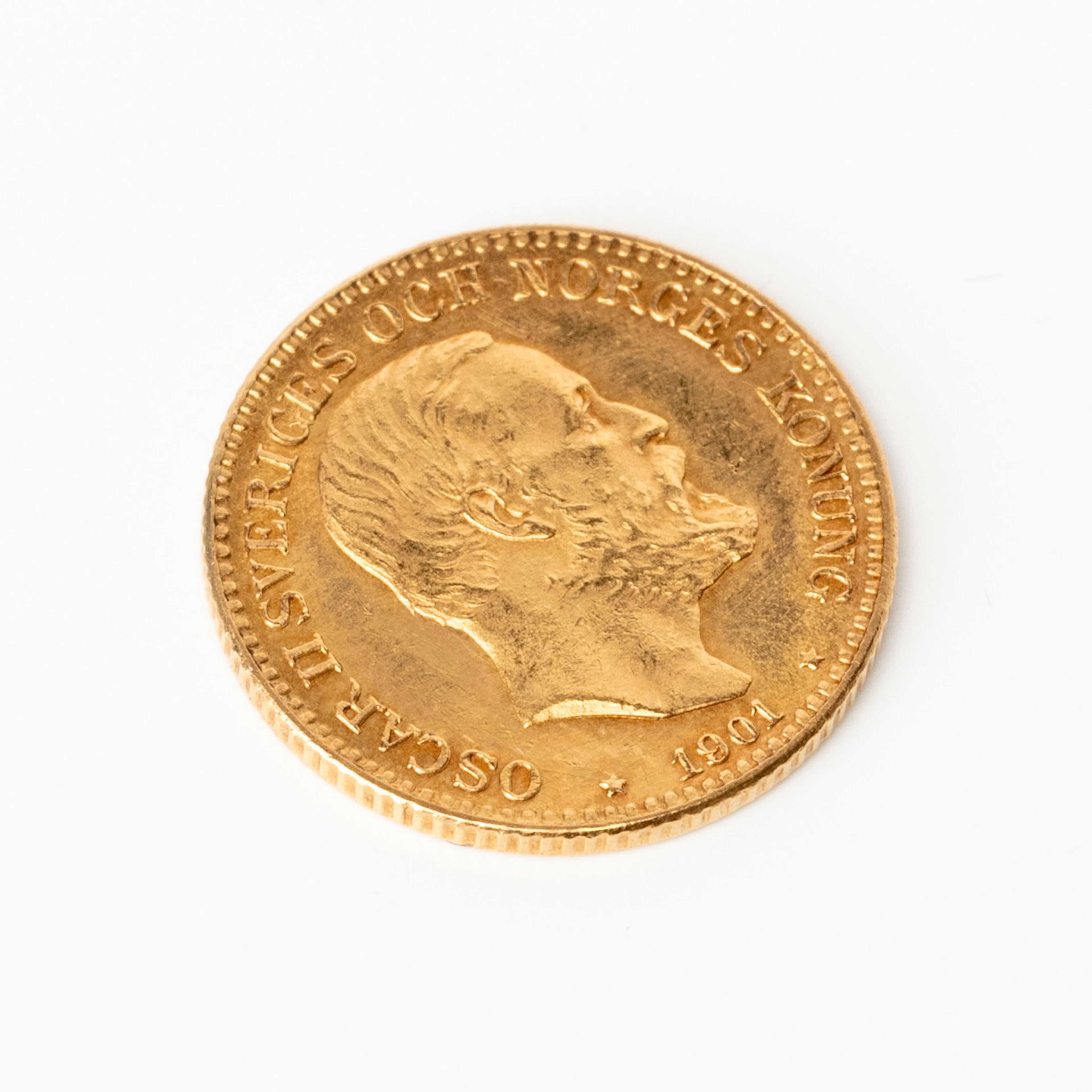 GULDMYNT, Oscar II, 10 kronor 21,6 k guld, 1901.