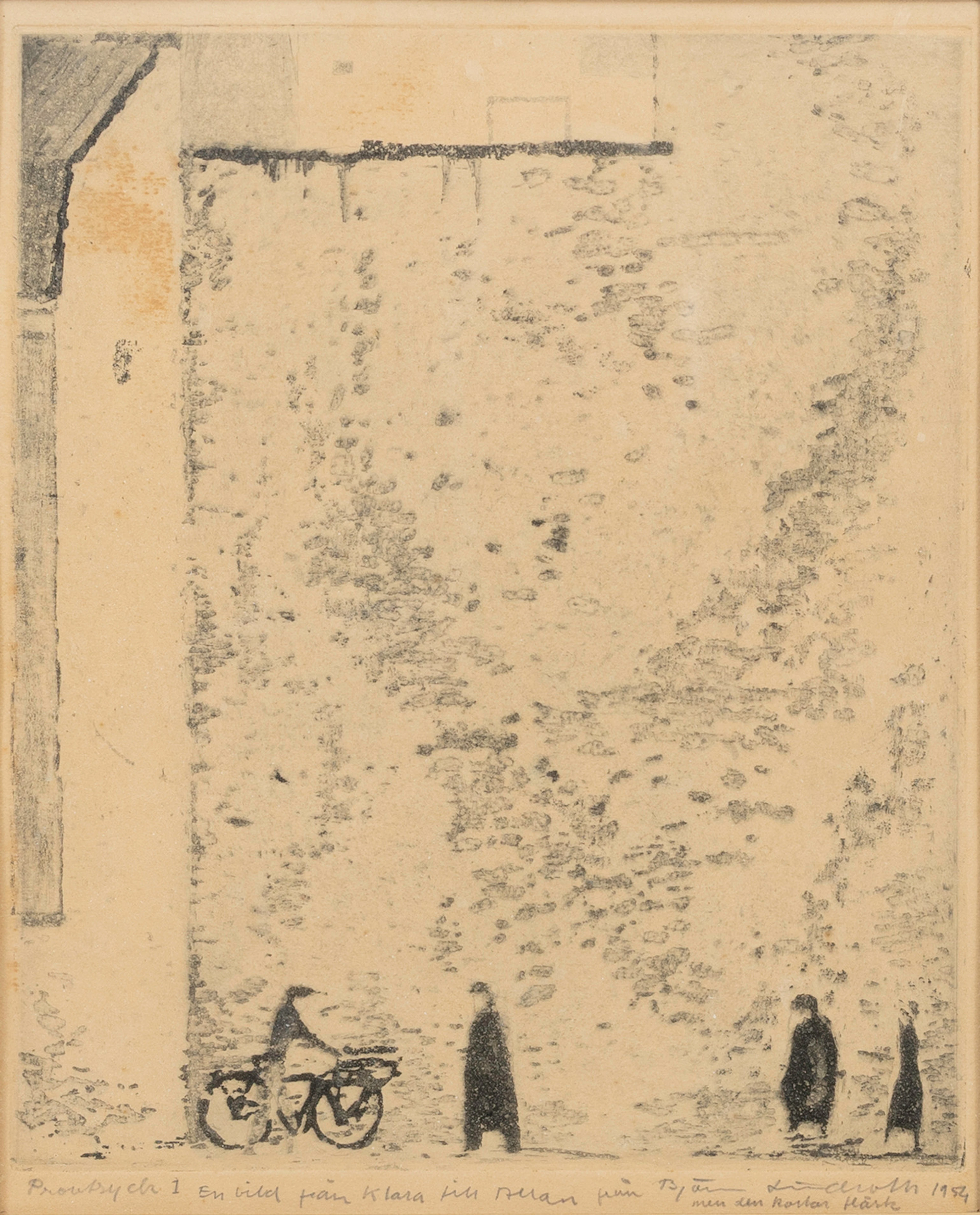 BJÖRN LINDROTH. , etsning, "En bild från Klara", provtryck 1 med personlig