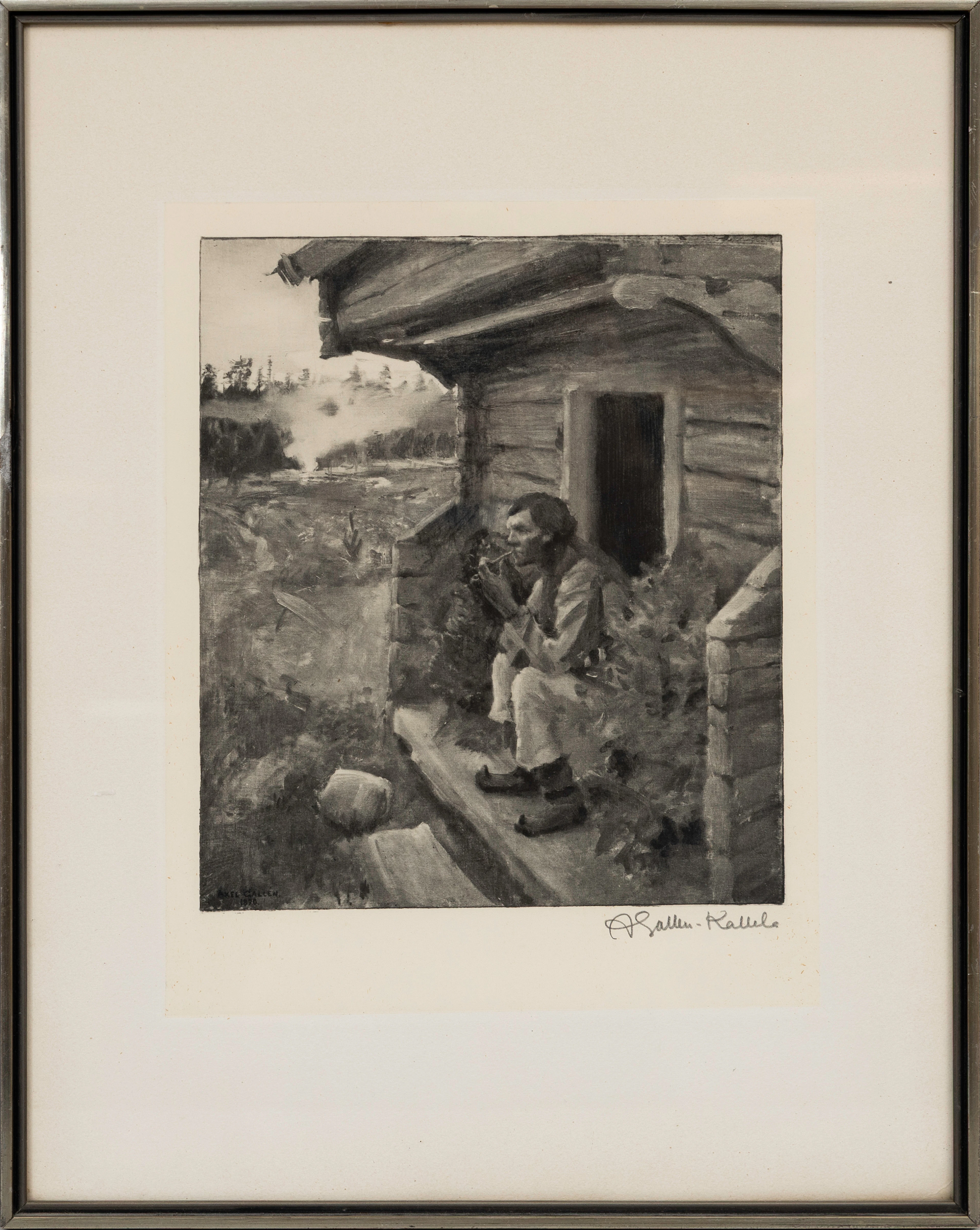 AKSELI GALLEN-KALLELA. Sittande man på trappa, heliogravyr, signerad