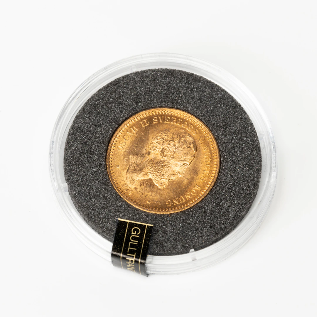 GULDMYNT, 10 kronor, 21,6 K guld. Oscar II av Sverige och Norge 1874.