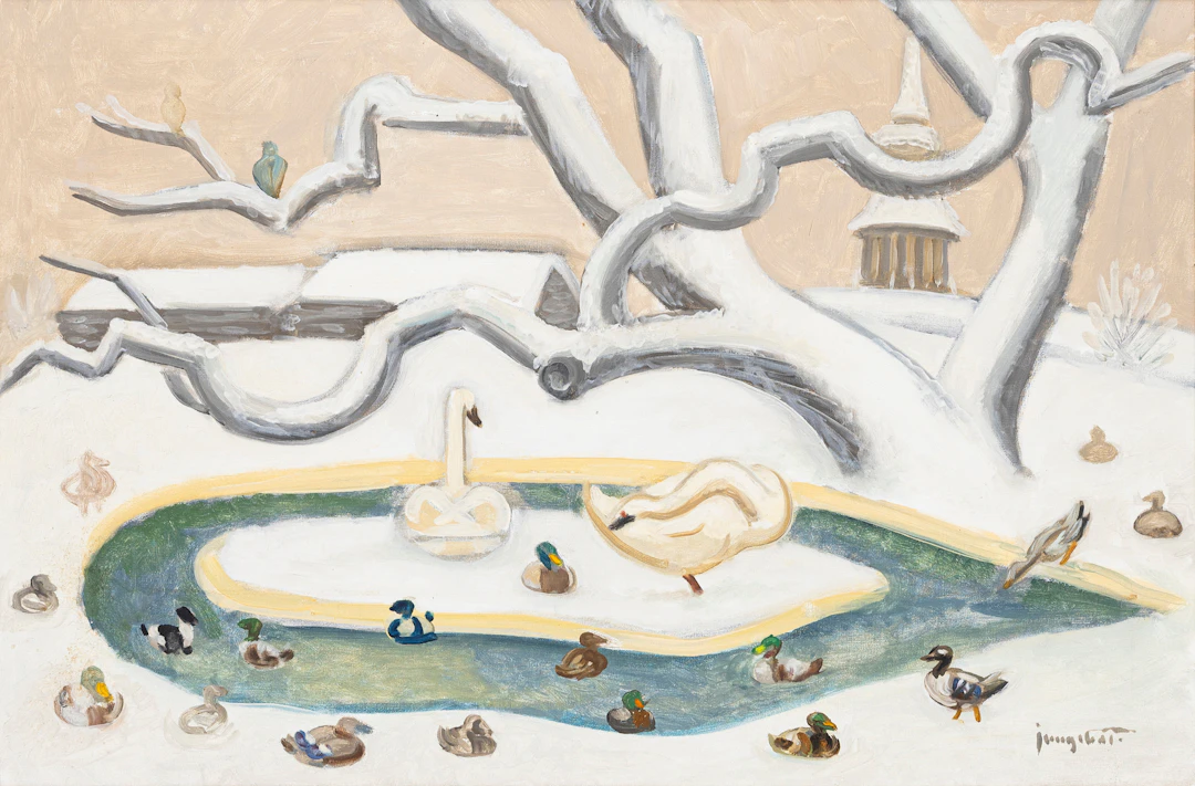 KURT JUNGSTEDT. "Fåglar i snö, skansen" olja på duk, signerad, daterad
