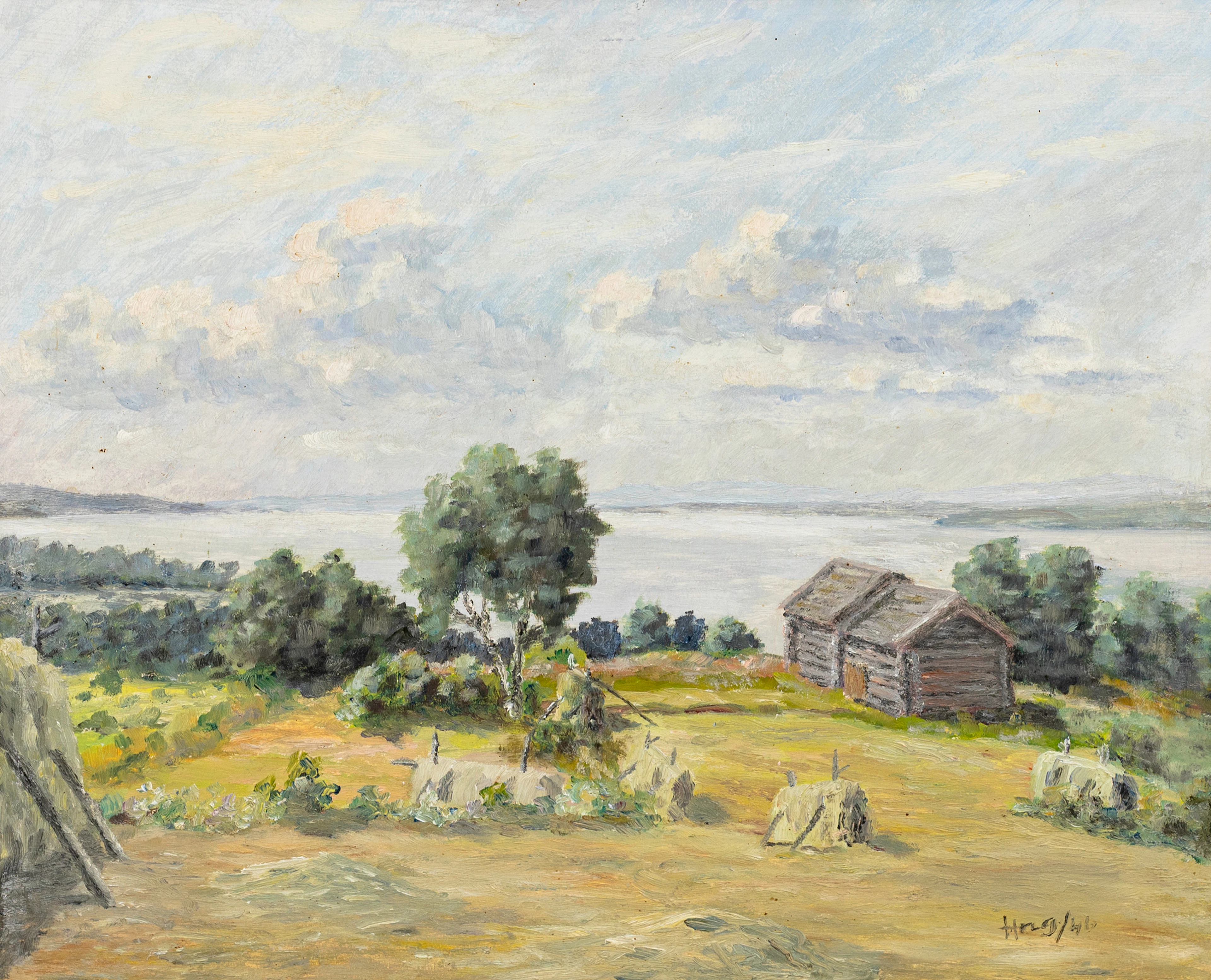 OIDENTIFIERAD KONSTNÄR. "Högsommar vid Siljan, olja på pannå, bär
