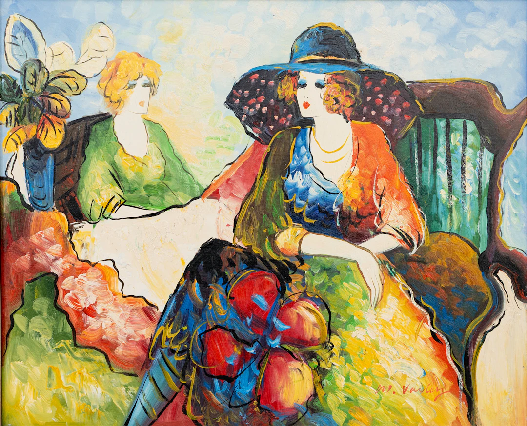 MARY VARLEY (1969-). Samtalande damer, olja på duk, signerad, M. Varley.