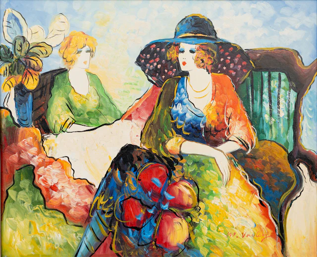 MARY VARLEY (1969-). Samtalande damer, olja på duk, signerad, M. Varley.