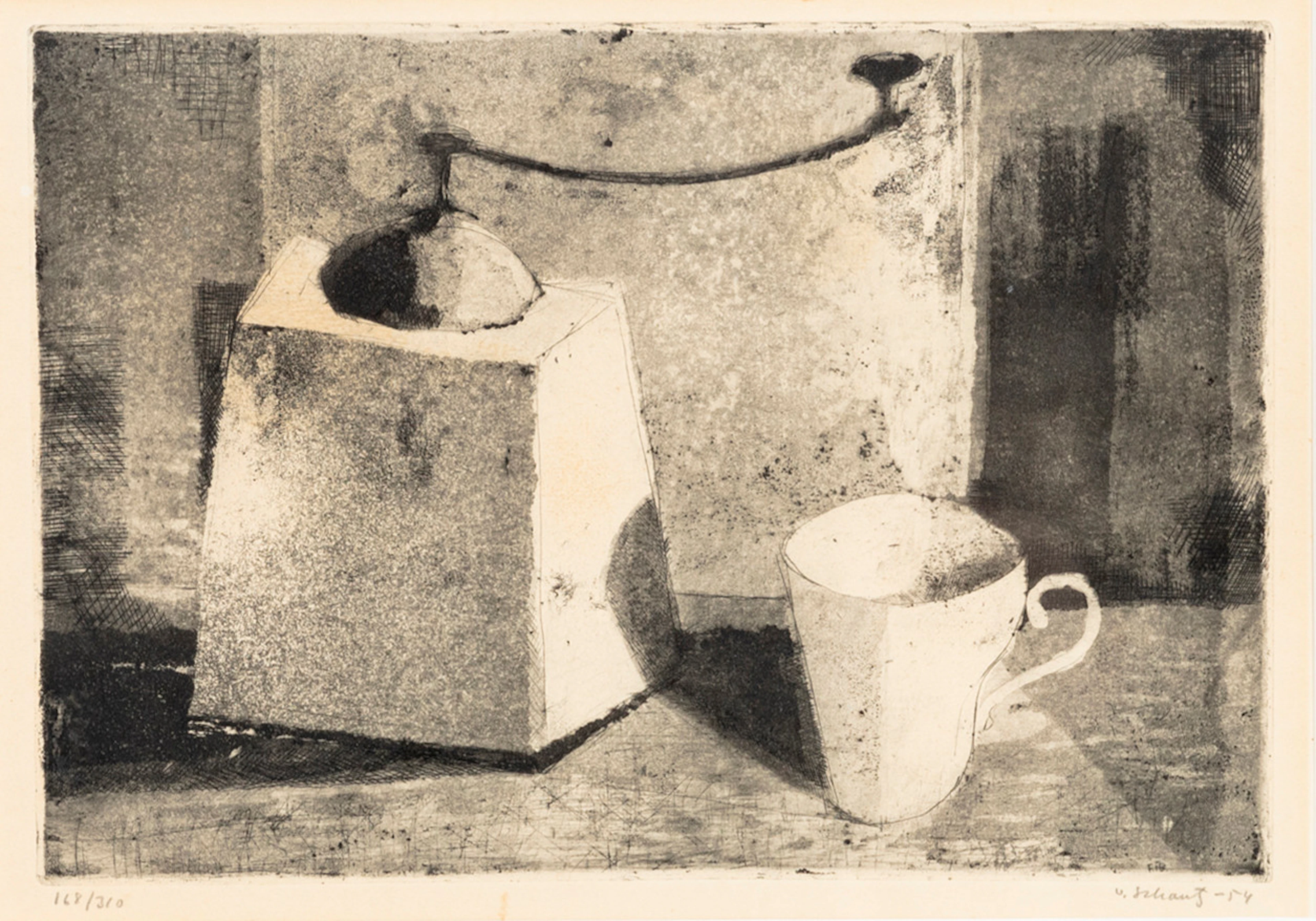 PHILIP VON SCHANTZ. Stilleben med kaffekvarn, etsning, signerad v.