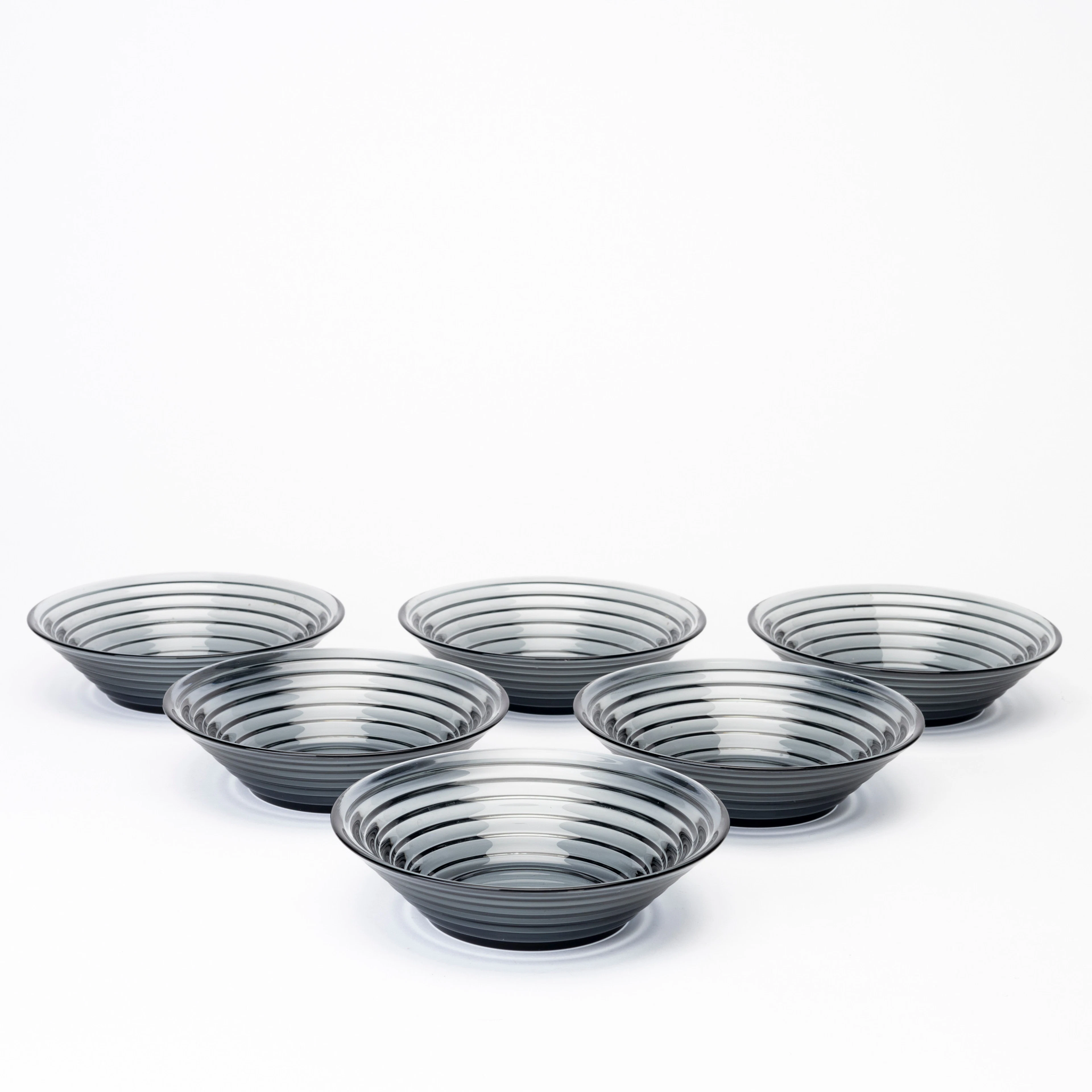 AINO AALTO. 6 st, "Bölgeblick", dessertskålar, gråtonat pressglas