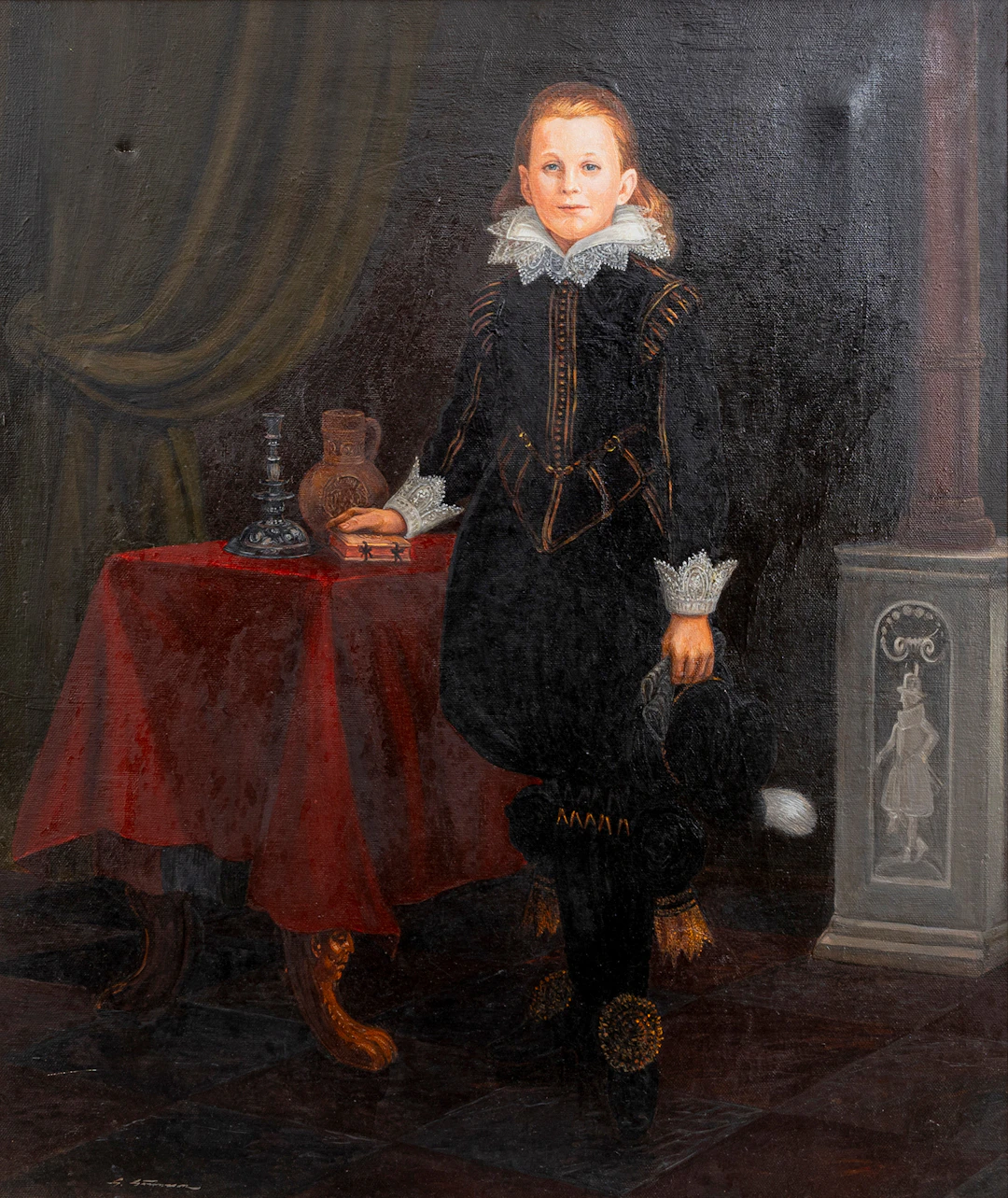 GÖTE GÖRANSSON. Pojke i dräkt från 1619, olja på duk, signerad.