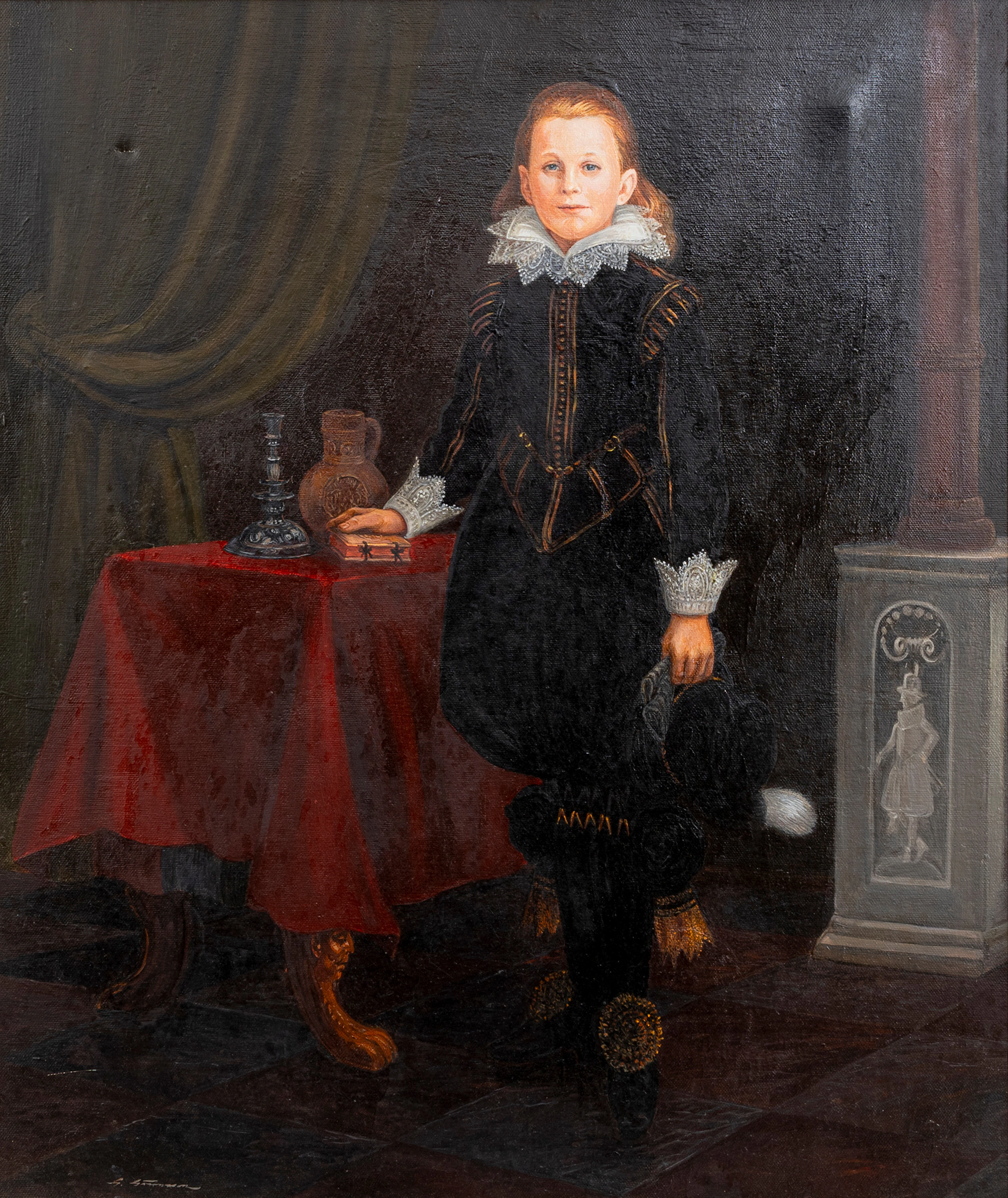 GÖTE GÖRANSSON. Pojke i dräkt från 1619, olja på duk, signerad.