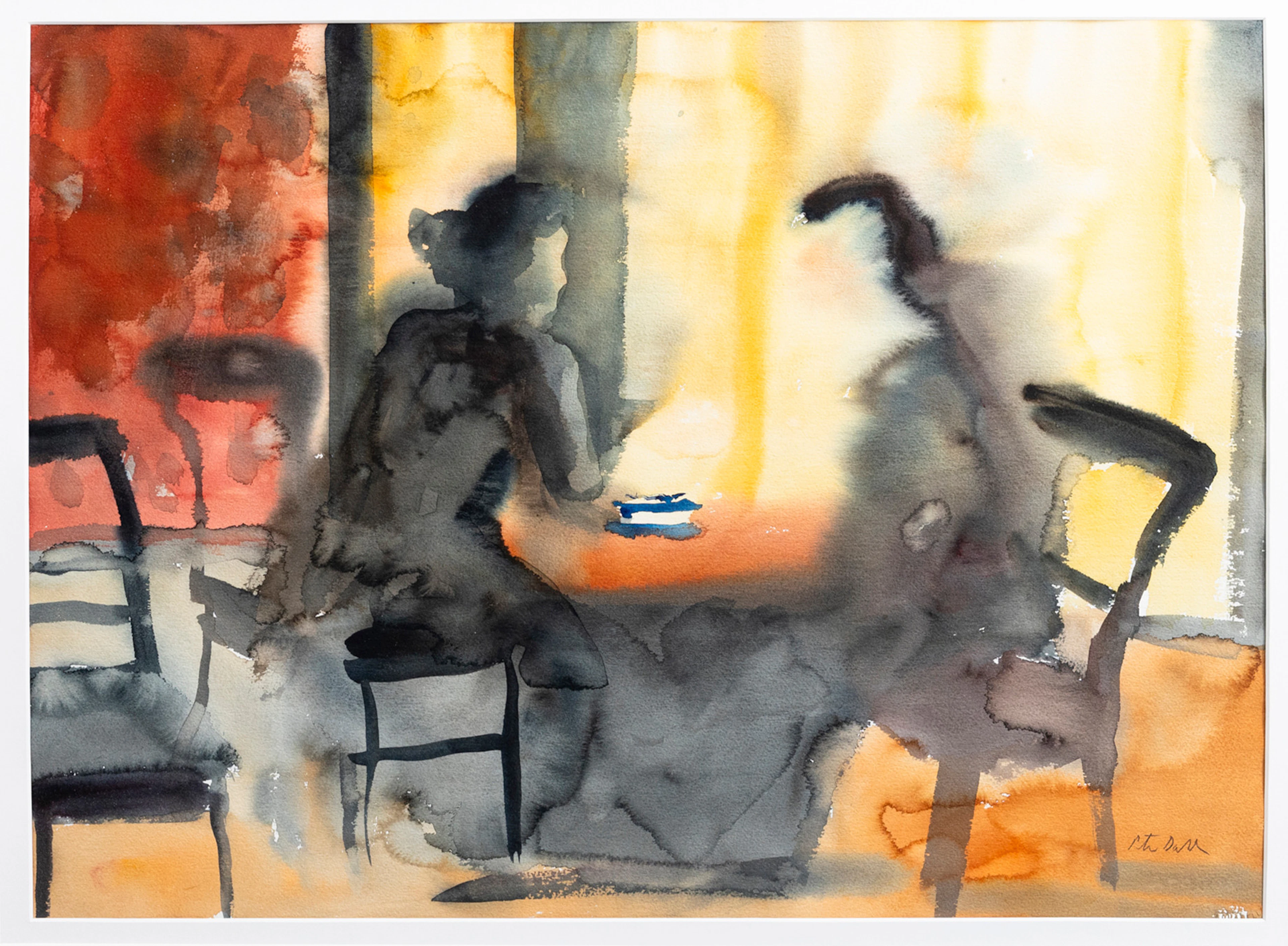 PETER DAHL. Par sittande vid bord, akvarell, signerad.
