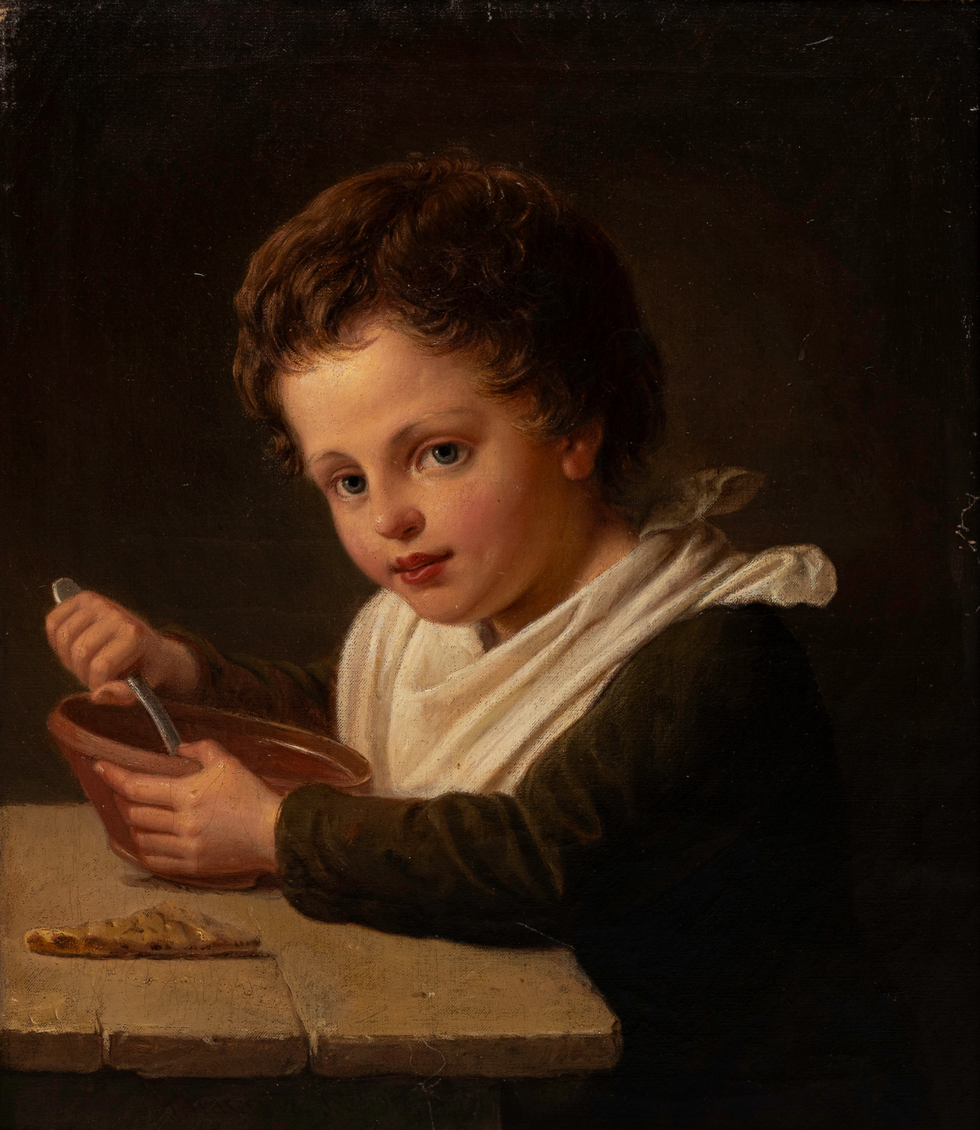 MINA CARLSON-BREDBERG. Pojke med grötskål, olja på duk, osignerad, 1800-tal.