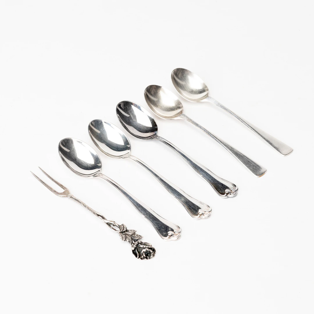 SKEDAR, 5 st samt gaffel, silver, bla MGAB, 1900-tal.