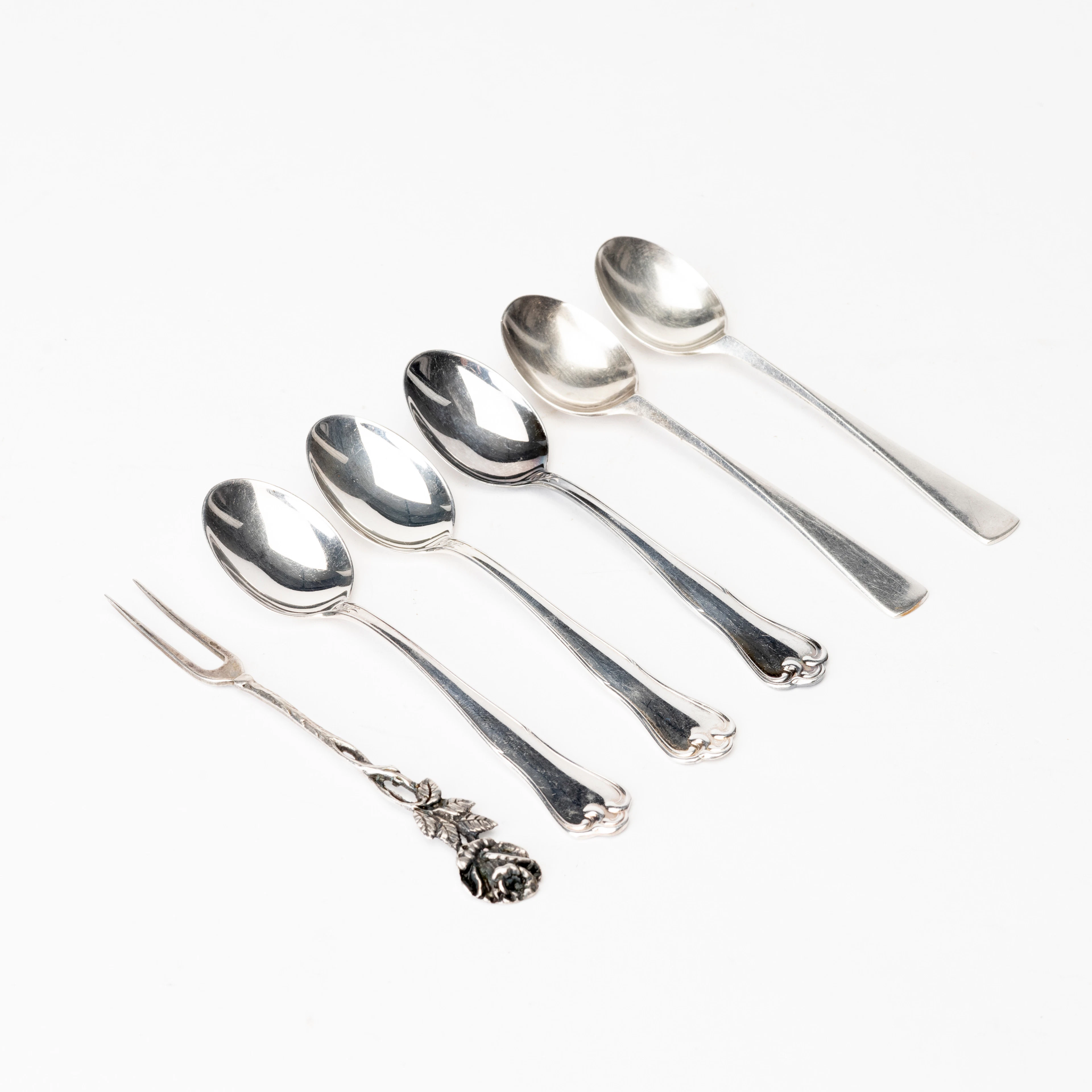 SKEDAR, 5 st samt gaffel, silver, bla MGAB, 1900-tal.