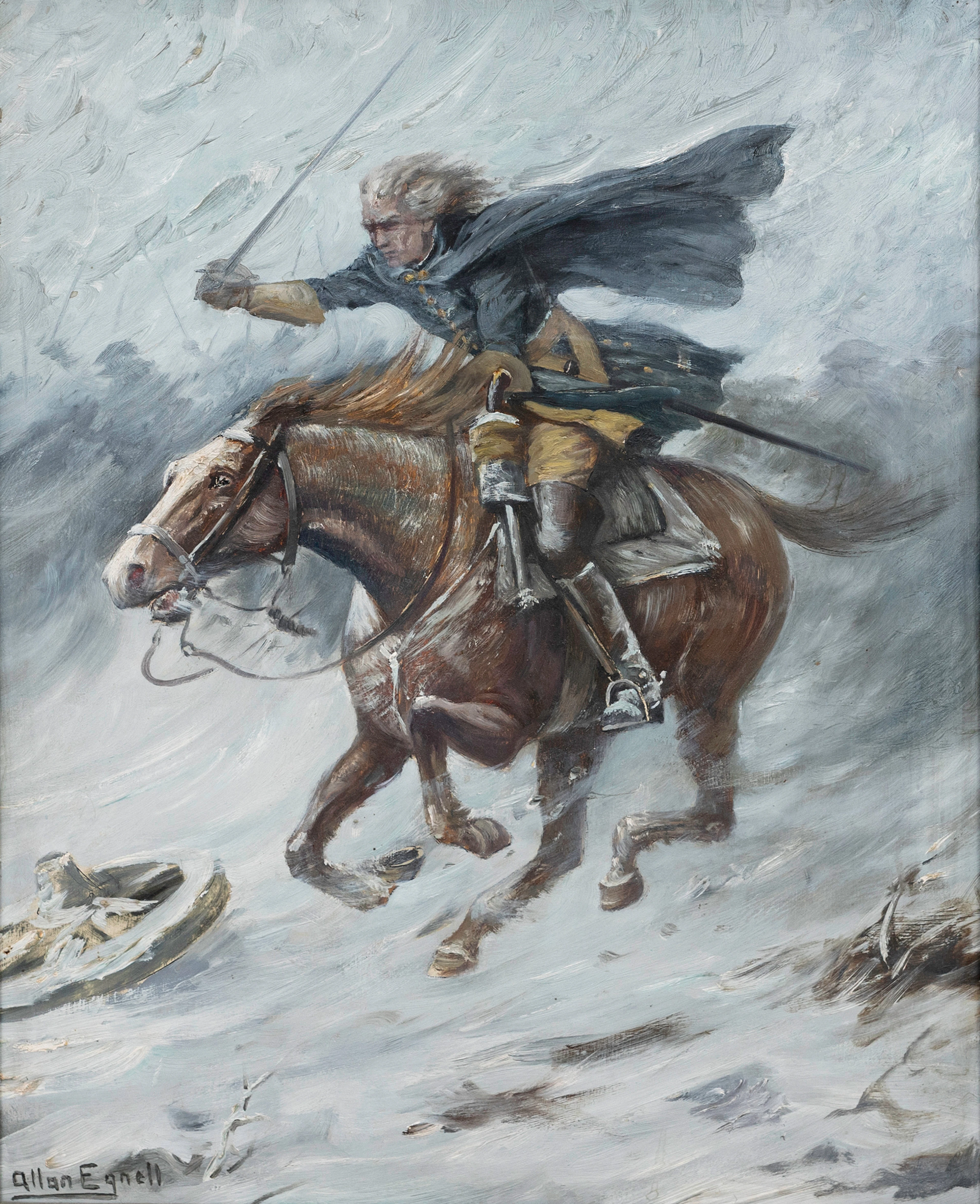 ALLAN EGNELL (1884-1960). Karolin till häst, olja på pannå, signerad.
