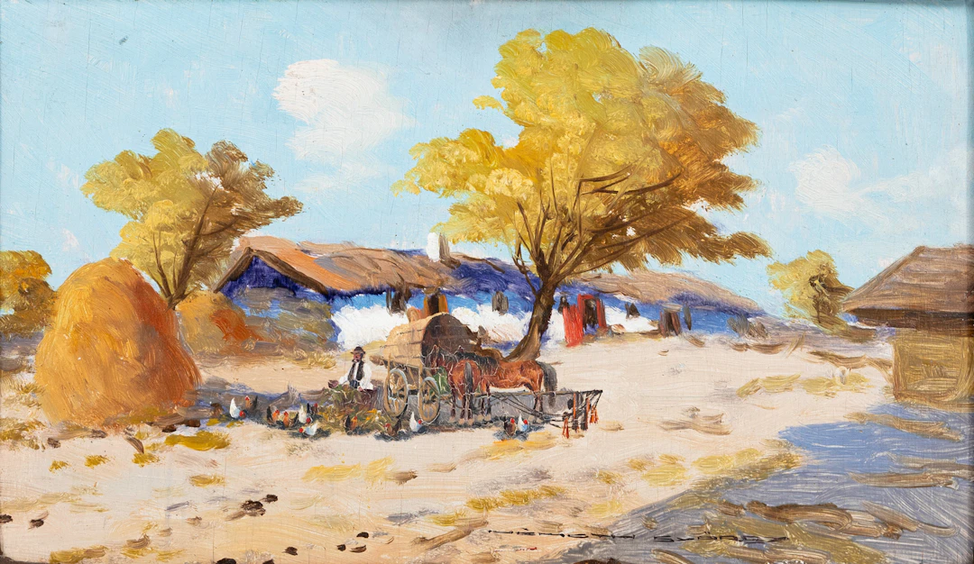 GYORGY NEMETH (1890-1962). Bondgård med höns och hästar, olja på pannå