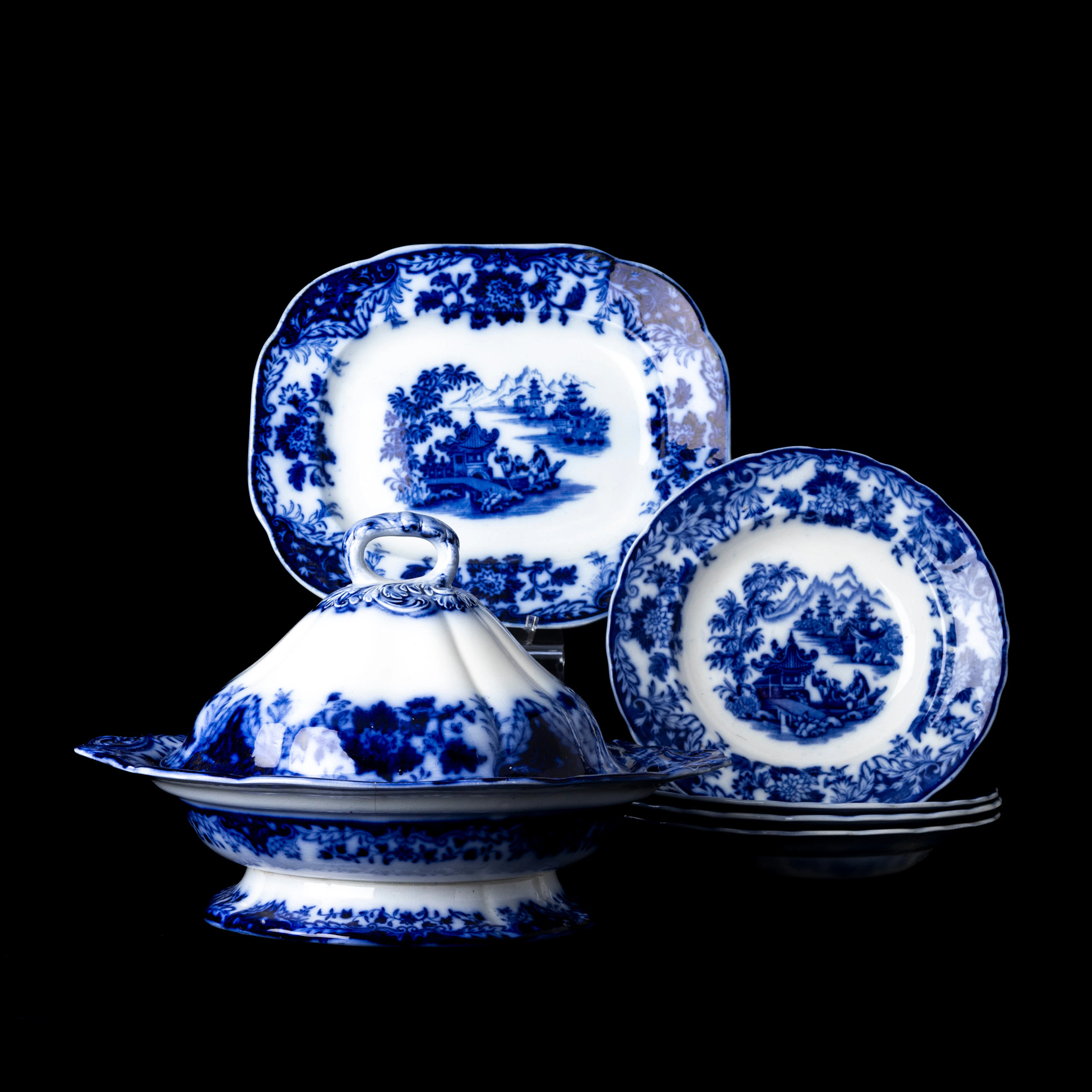 RÖRSTRAND, 6 delar, flintgods, flytande blått, 1800-talets andra hälft.