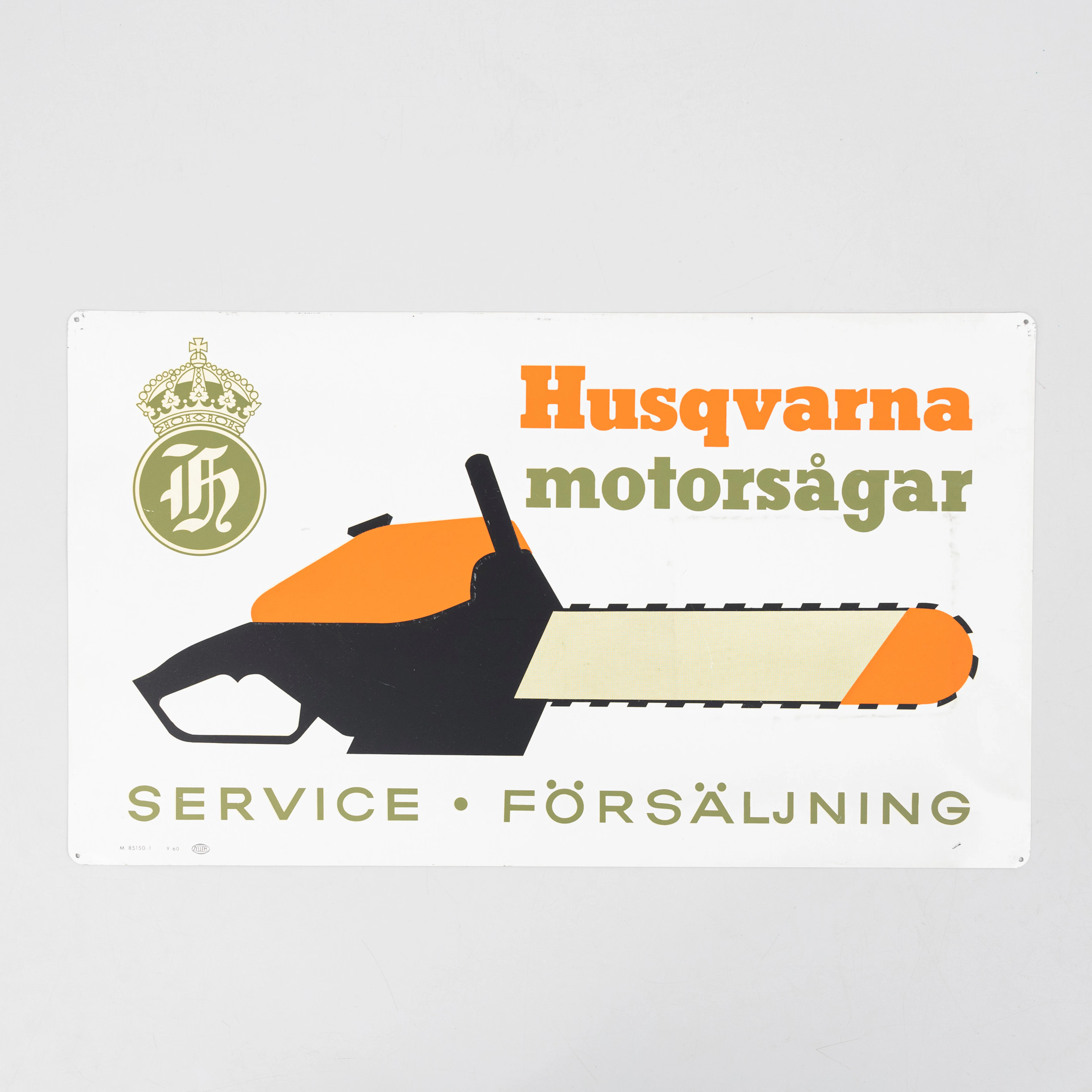 HUSQVARNA MOTORSÅGAR, reklamskylt, plåt, liltograferad, märkt Zellem, 1960-tal.
