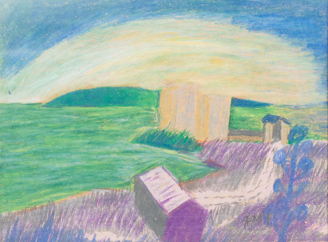 PRIMUS MORTIMER PETTERSSON. Landskap med hus, pastell, monogramsignerad, PMP.