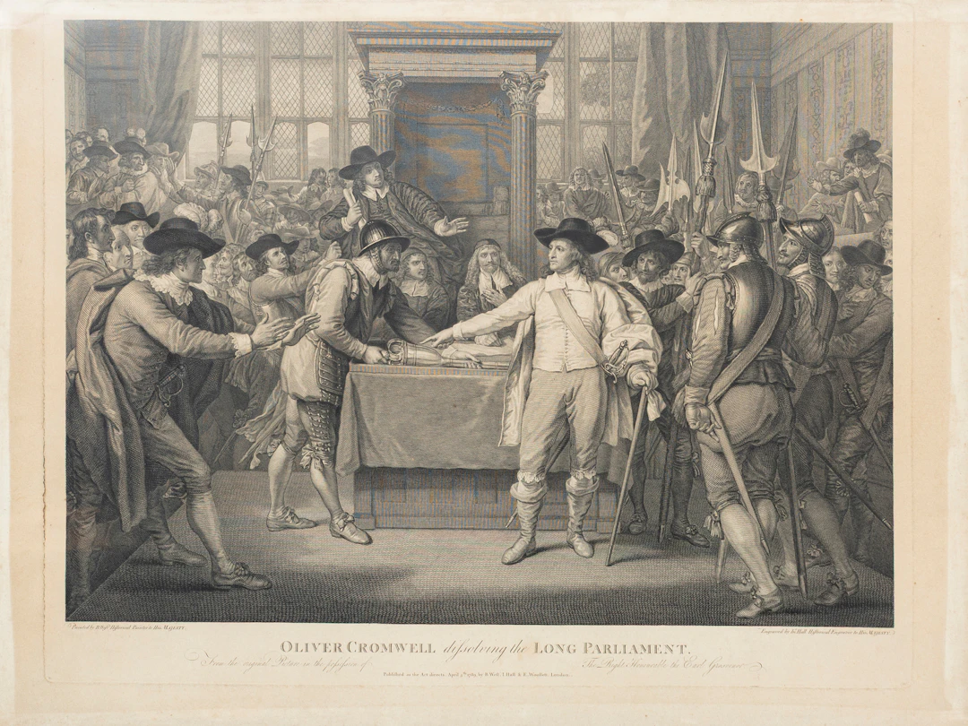 "Oliver Cromwell disolving the Long Parliament", kopparstick av In
