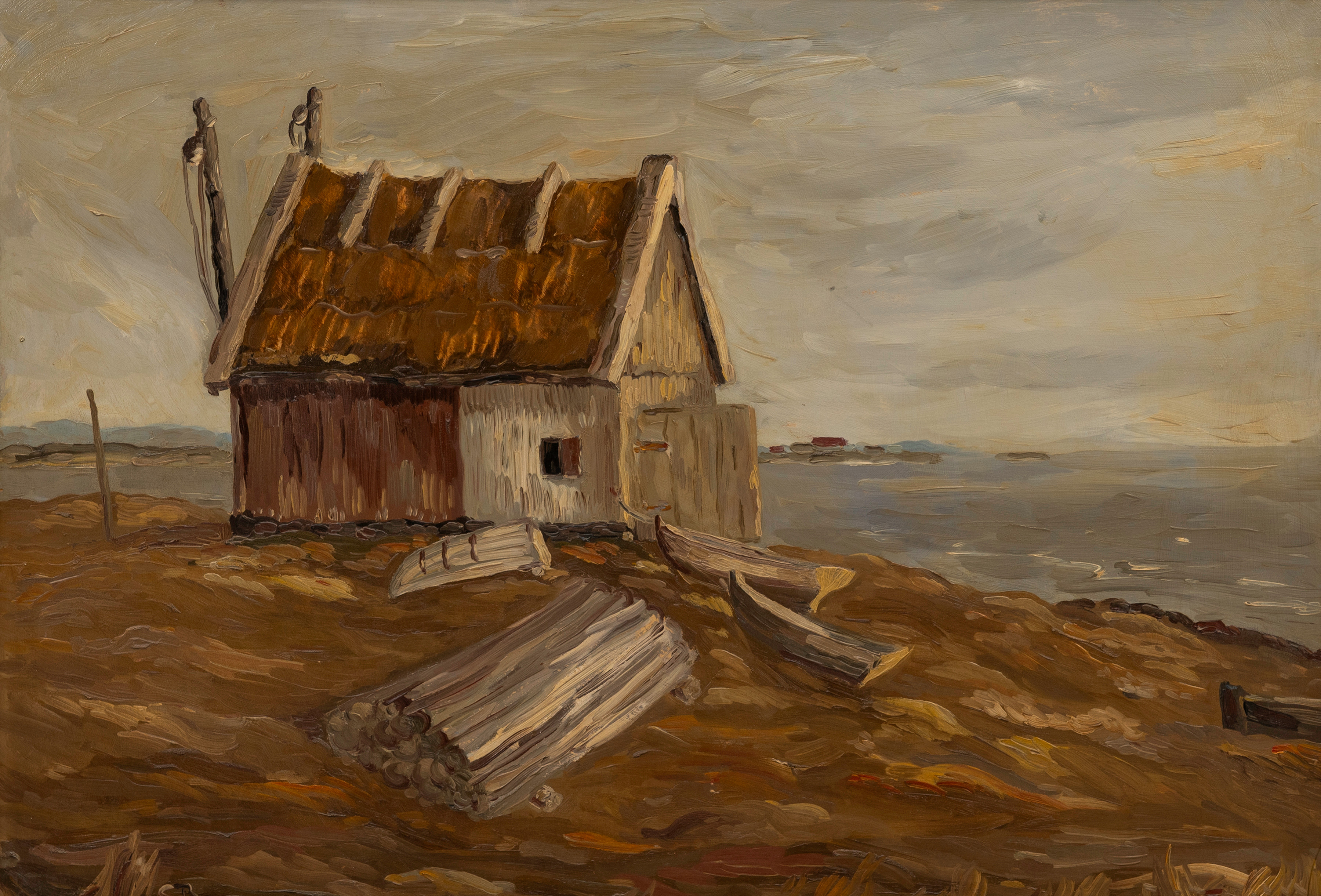 GÖRAN BRUNIUS. "Fiskestuga", olja på pannå, a tergo kvinnoporträtt