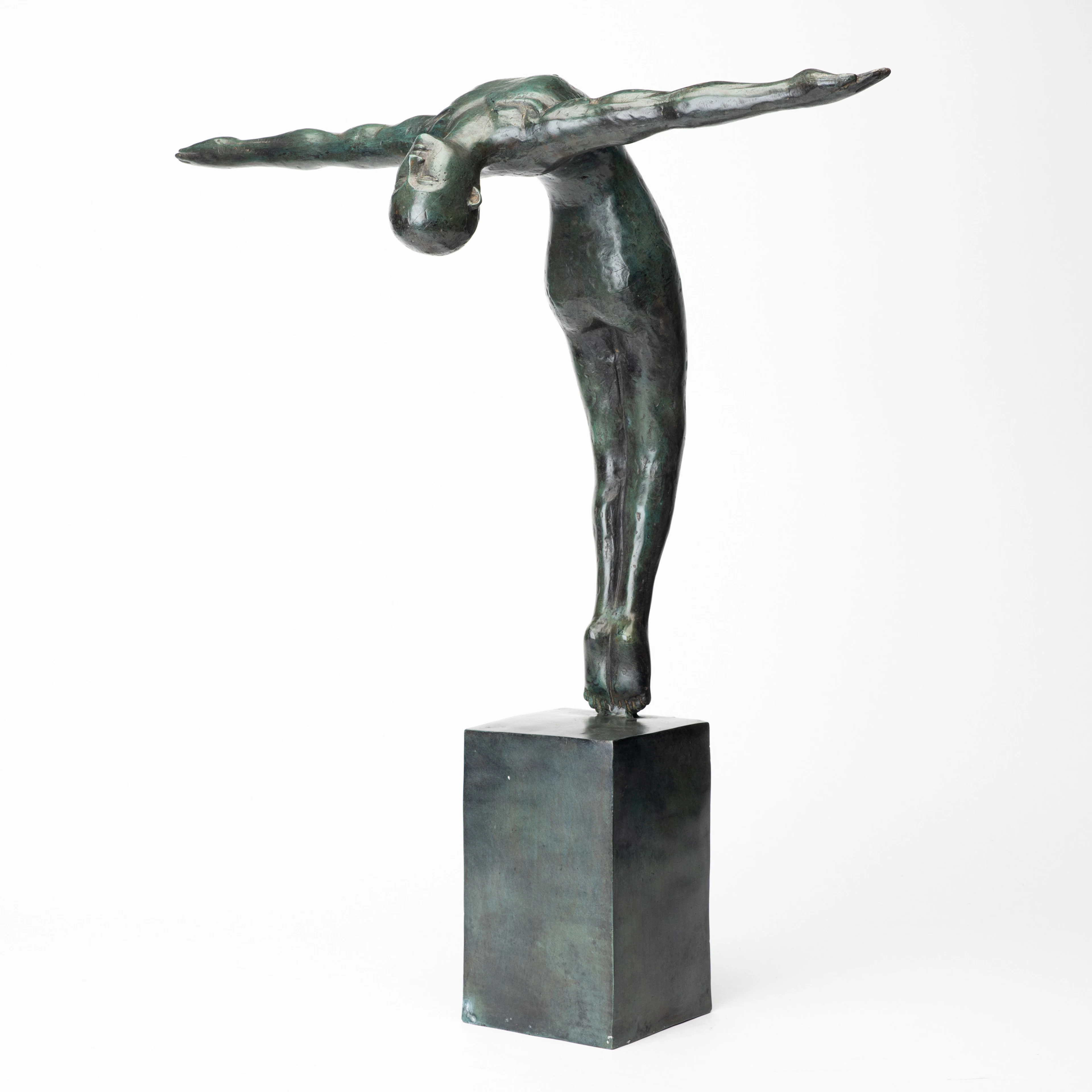 SKULPTUR, grönpatinerad brons, "Simhoppare", stämpelmärkt, Art People