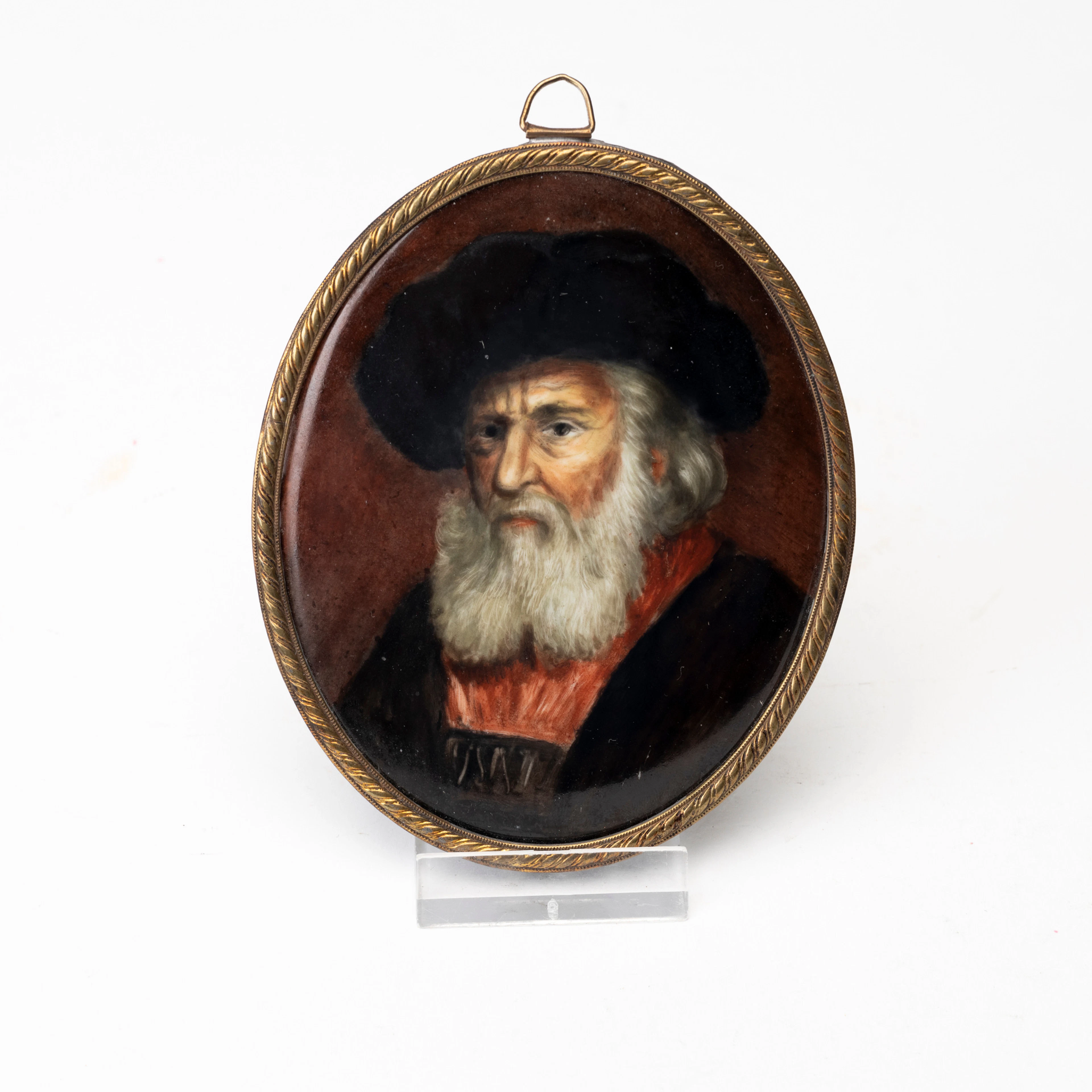 MINIATYRPORTRÄTT, porträtt efter Rembrandtmålning, porslin, signerad