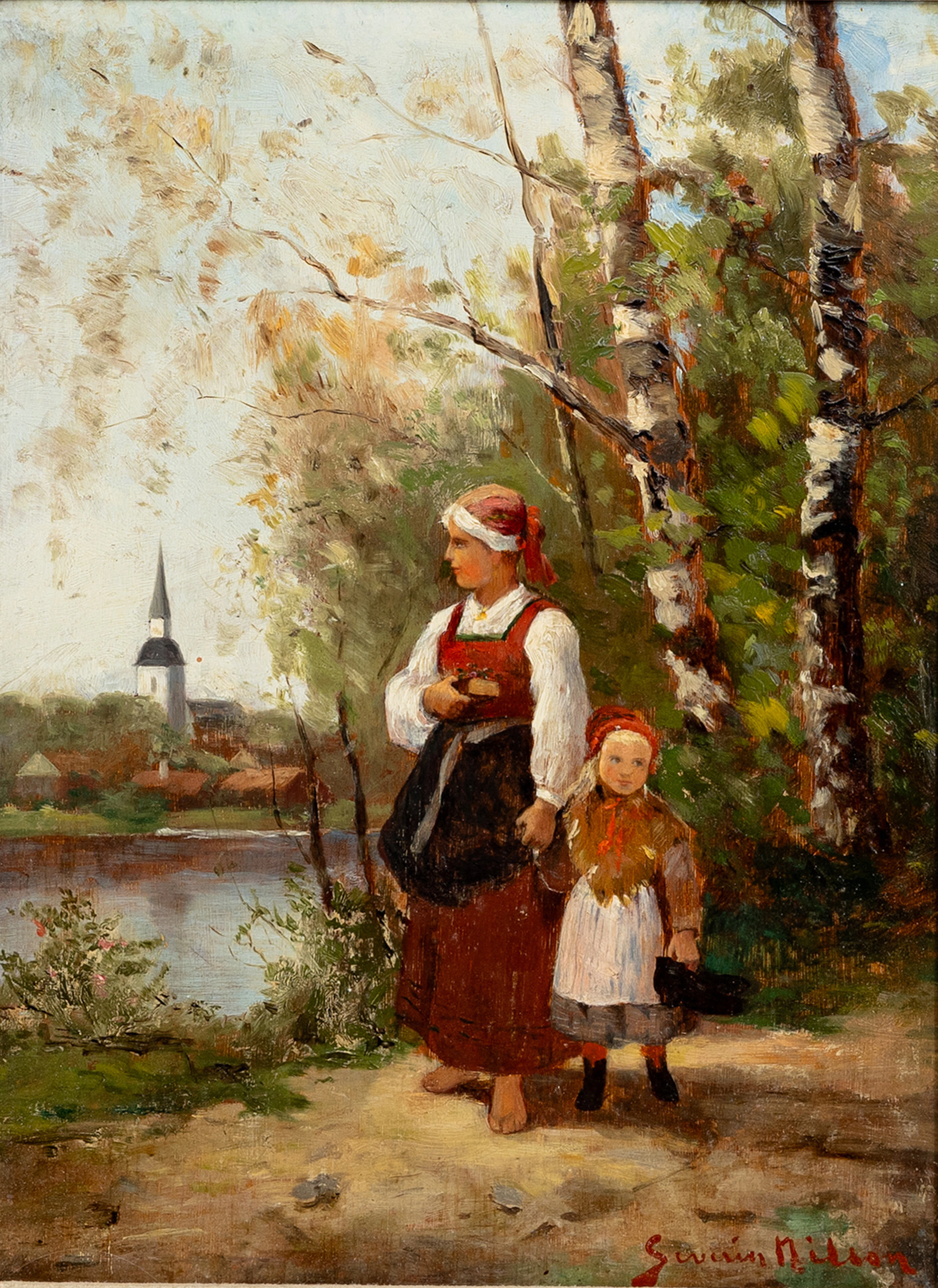 SEVERIN NILSON. Dam och flicka i folkdräkter, signerad.